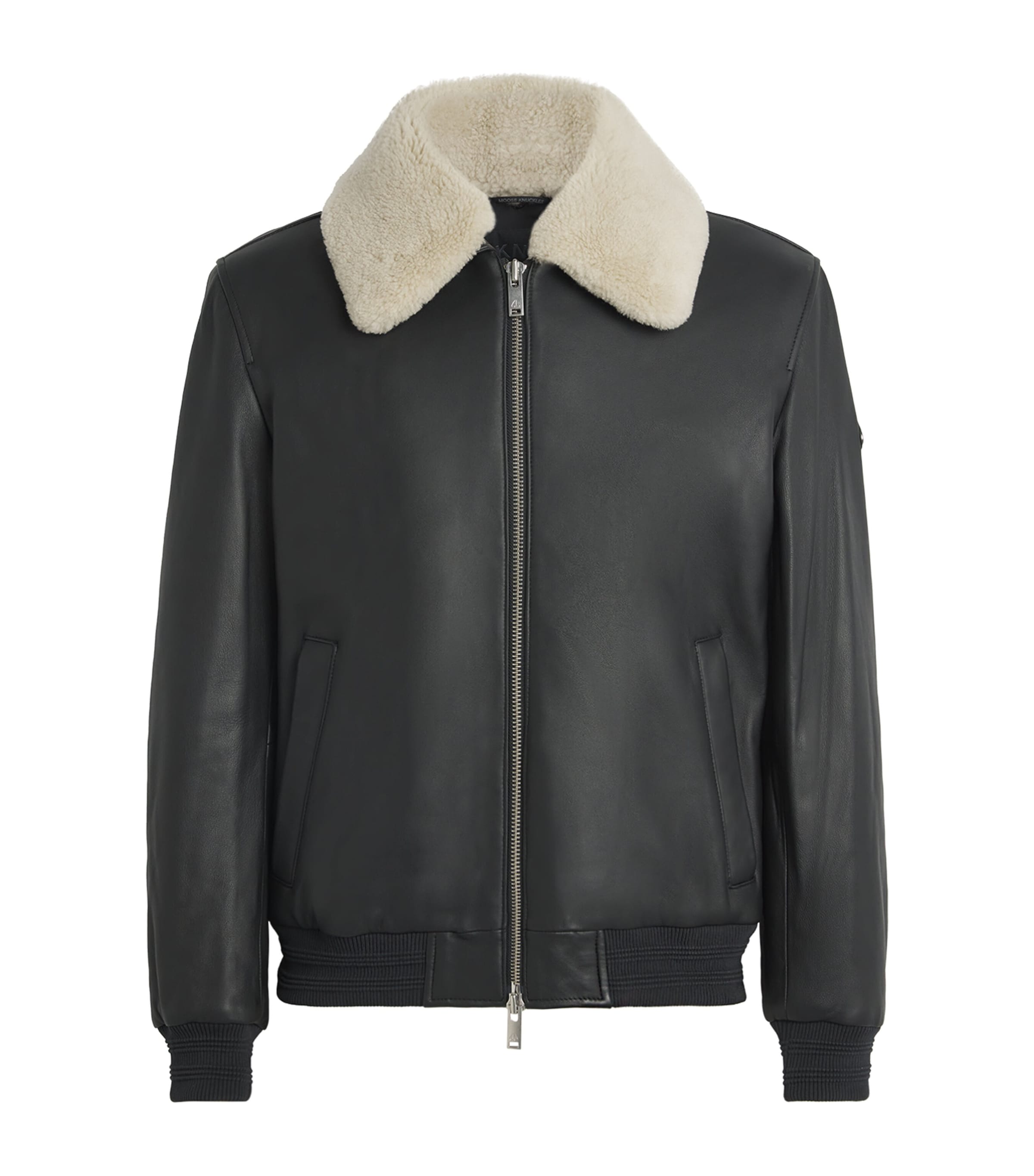 Moose Knuckles Shearling-trim Leather Bomber Jacket In Black