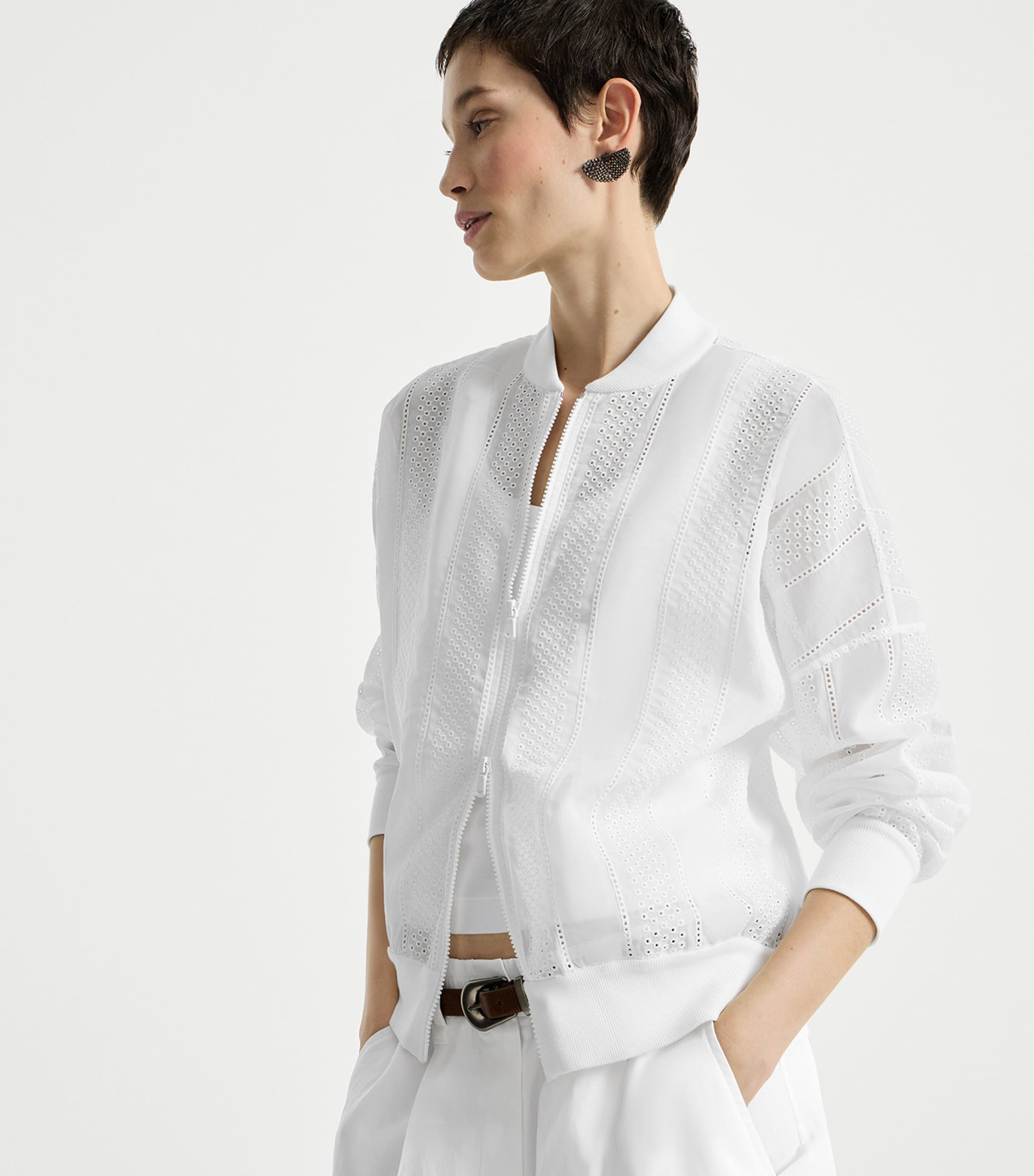 Brunello Cucinelli Womens Cotton Broderie Anglaise Bomber Jacket Image 4