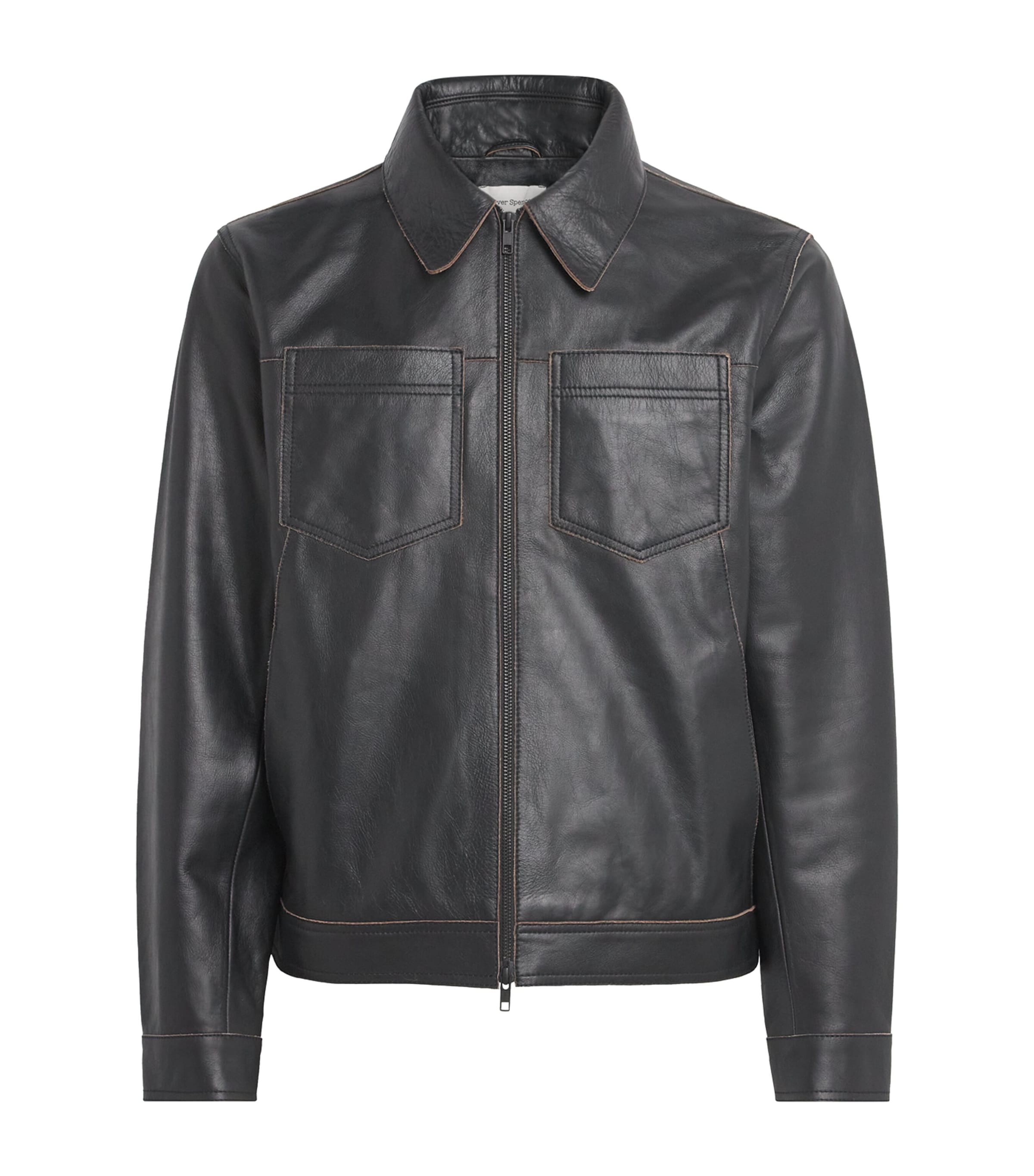 Contrast Stitch Leather Jacket BLACK Image 1