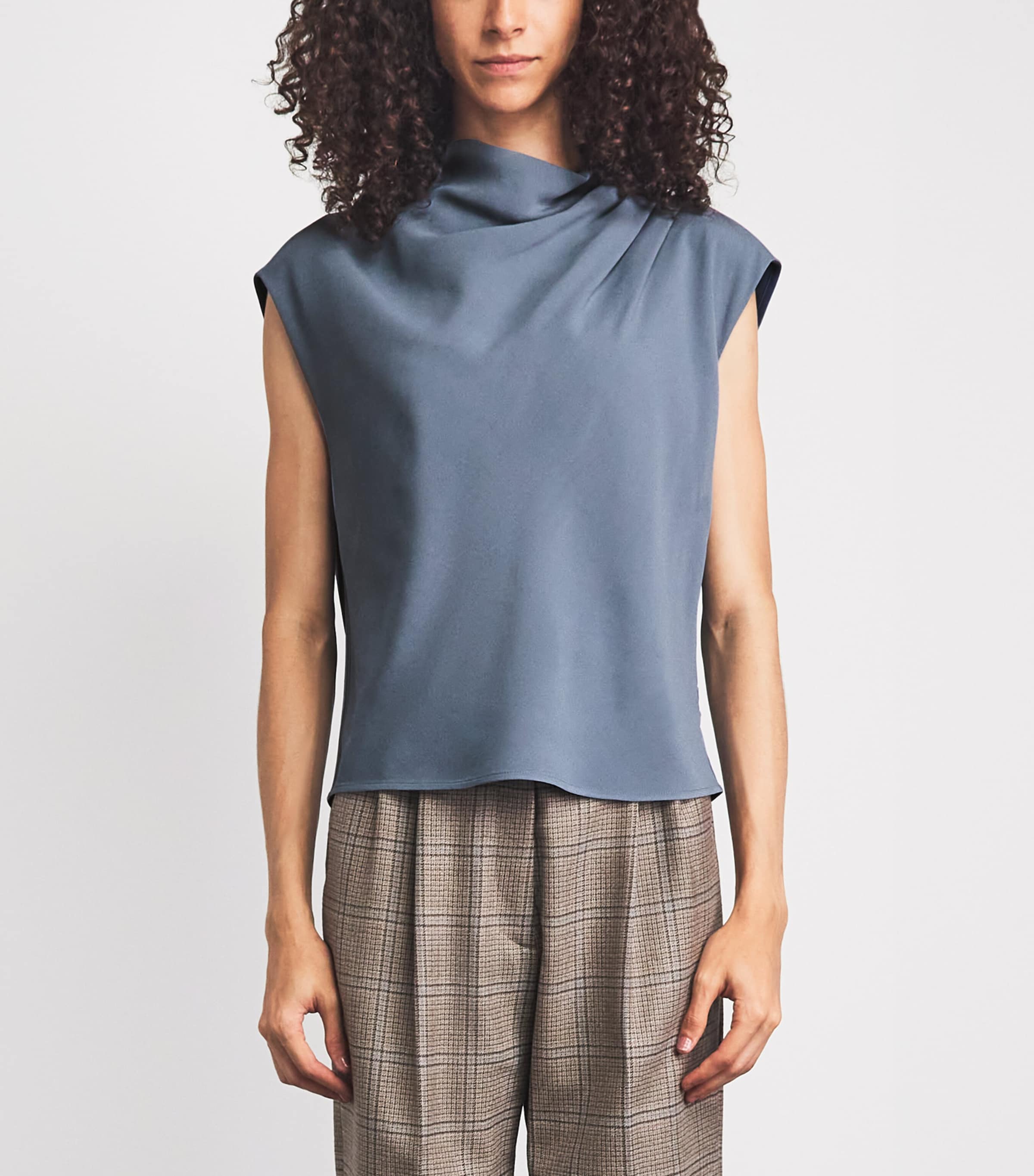 Agnona Womens Sleeveless Draped Blouse Bl Drk Pwdr Image 4