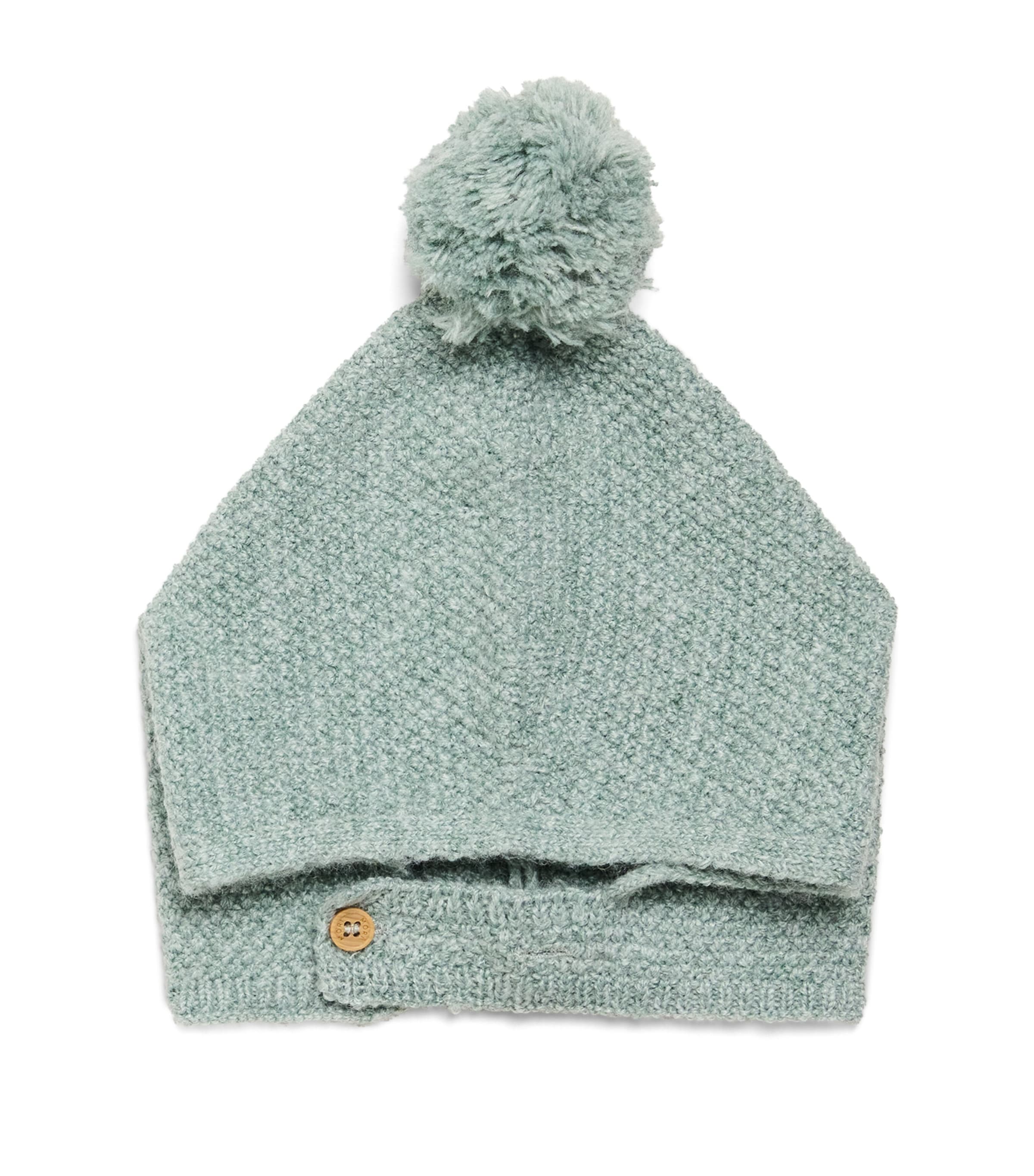 Mori Knitted Pompom Bonnet In Green