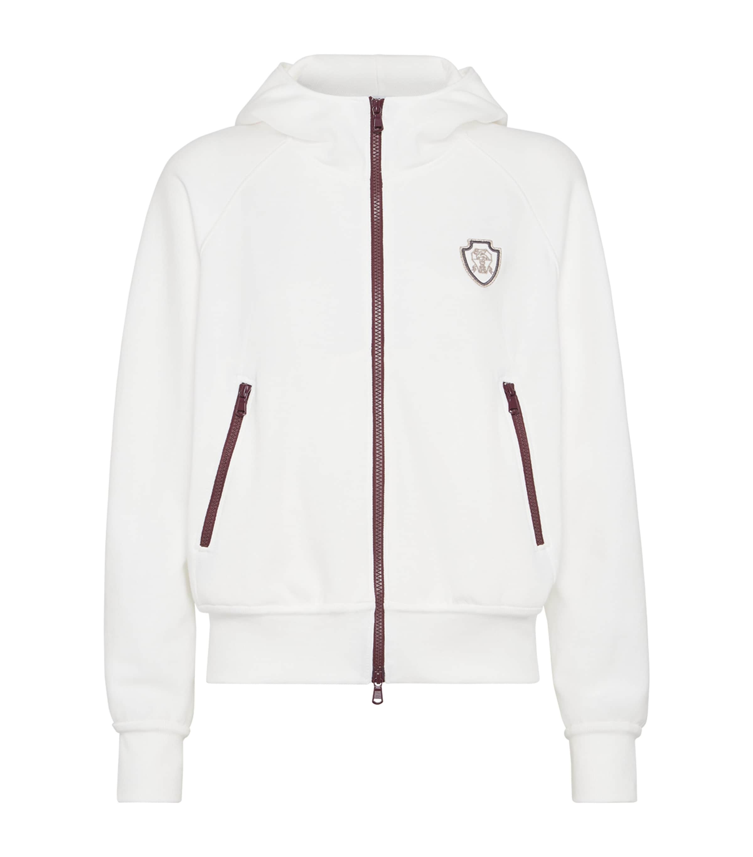 Brunello Cucinelli Logo Crest Piquet Fleece Hooded Jacket In White