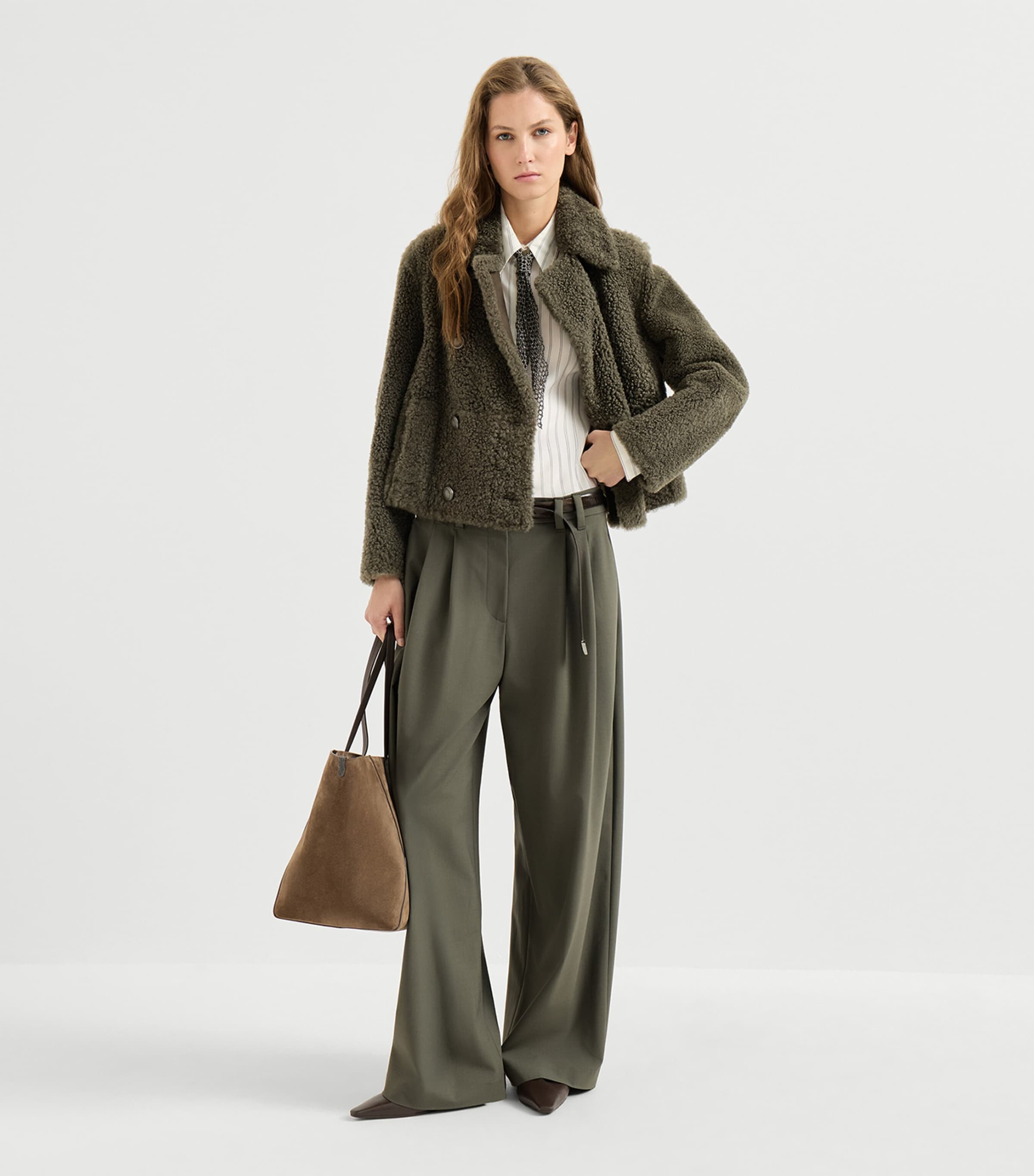 Brunello Cucinelli Womens Shearling Pea Coat Grigio Militare Image 5