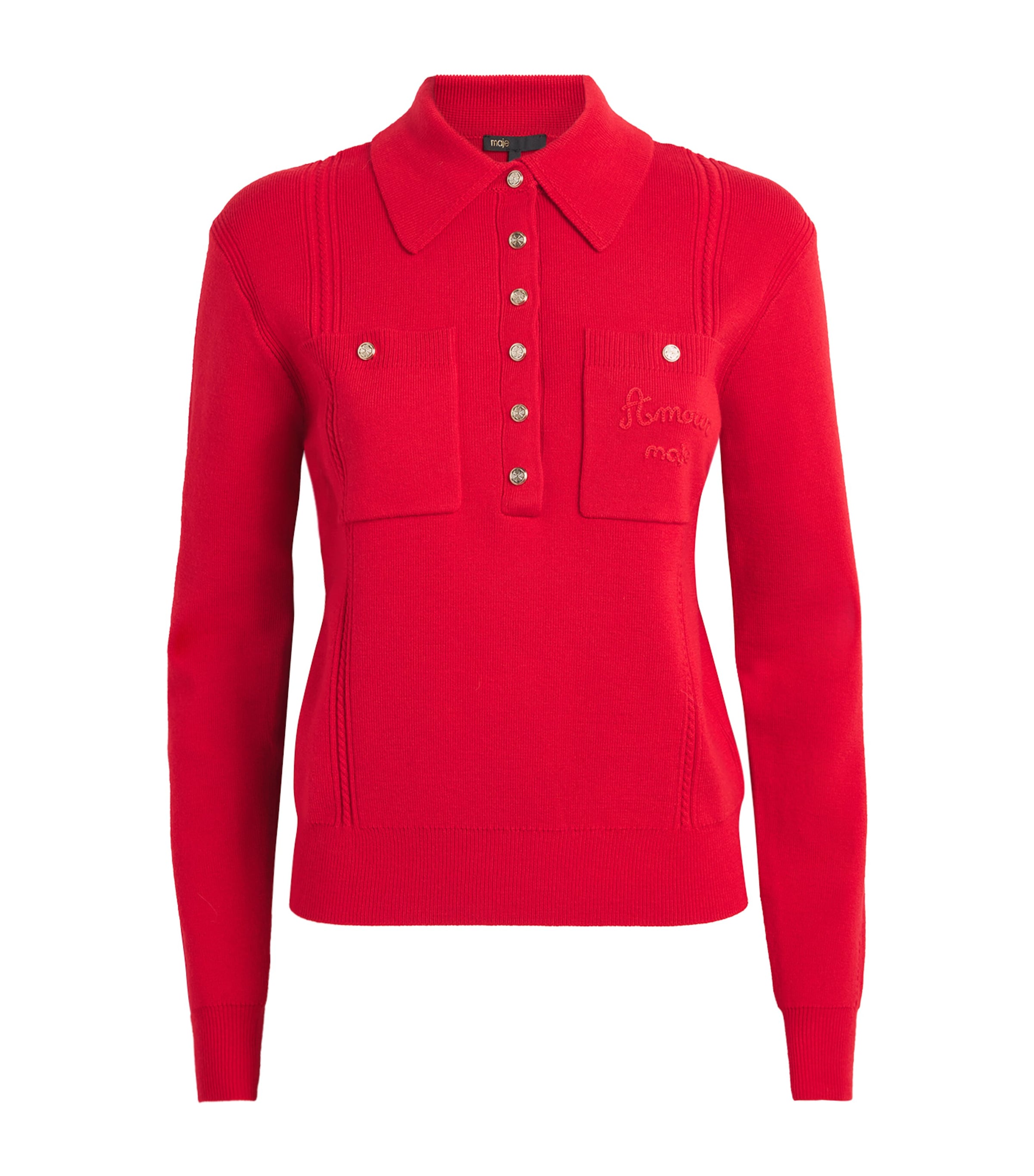 Maje Womens Logo-embroidered Long-sleeve Wool-blend Polo In Red