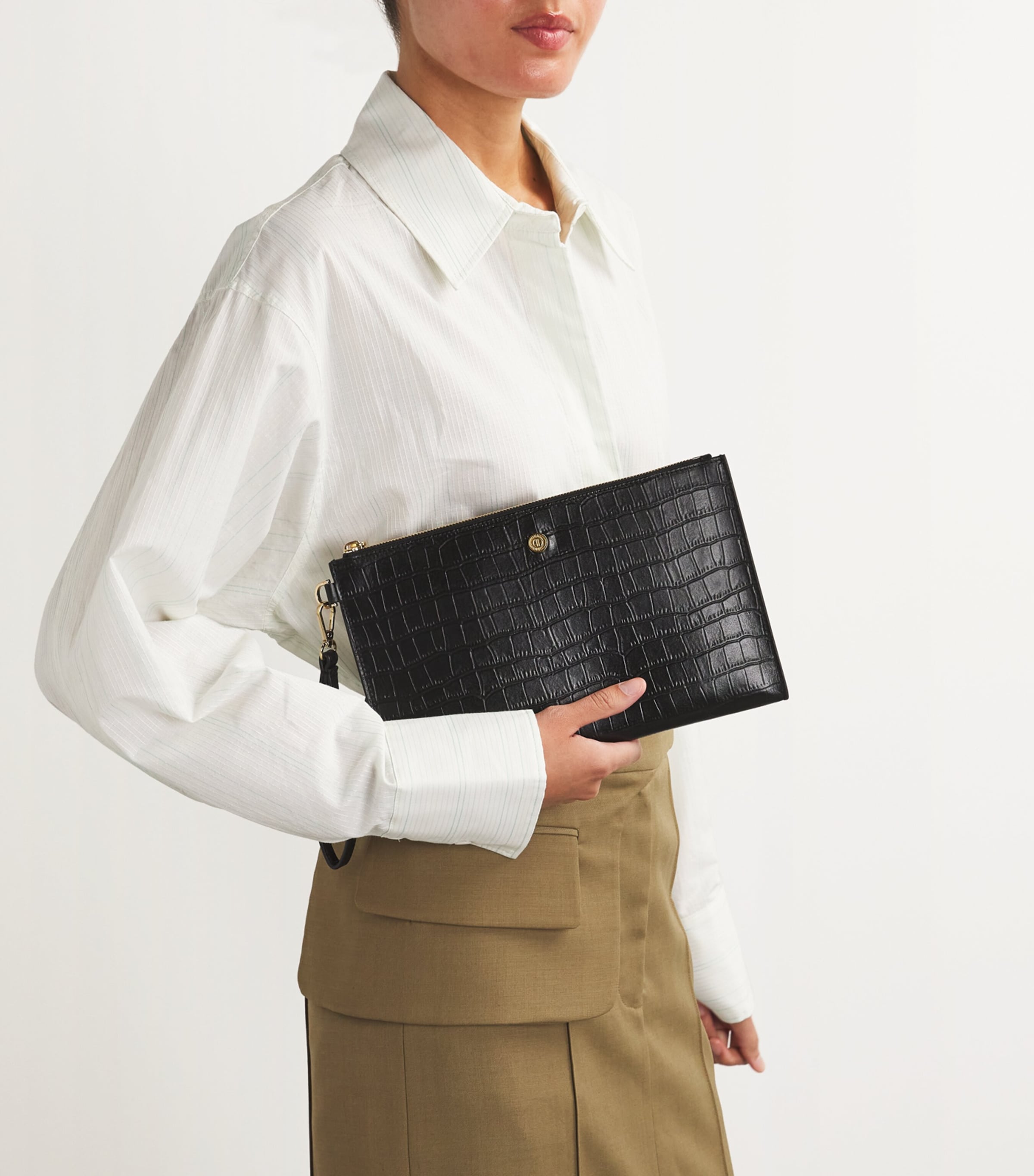 Harrods Medium Croc-Embossed Leather Pouch Black Image 5