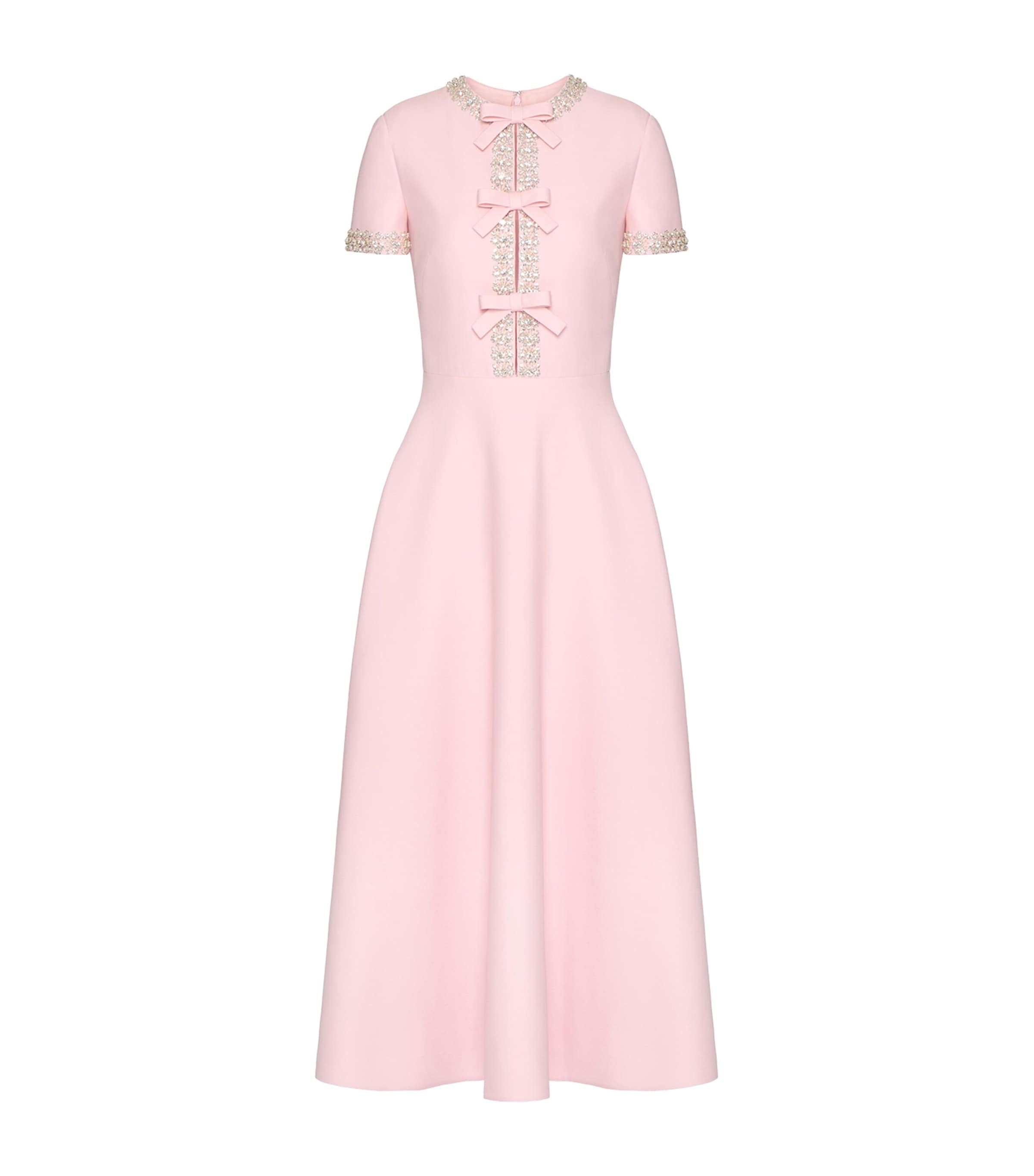 Valentino Bow-detailed Embellished Wool And Silk-blend Crepe Midi Dress In Pink