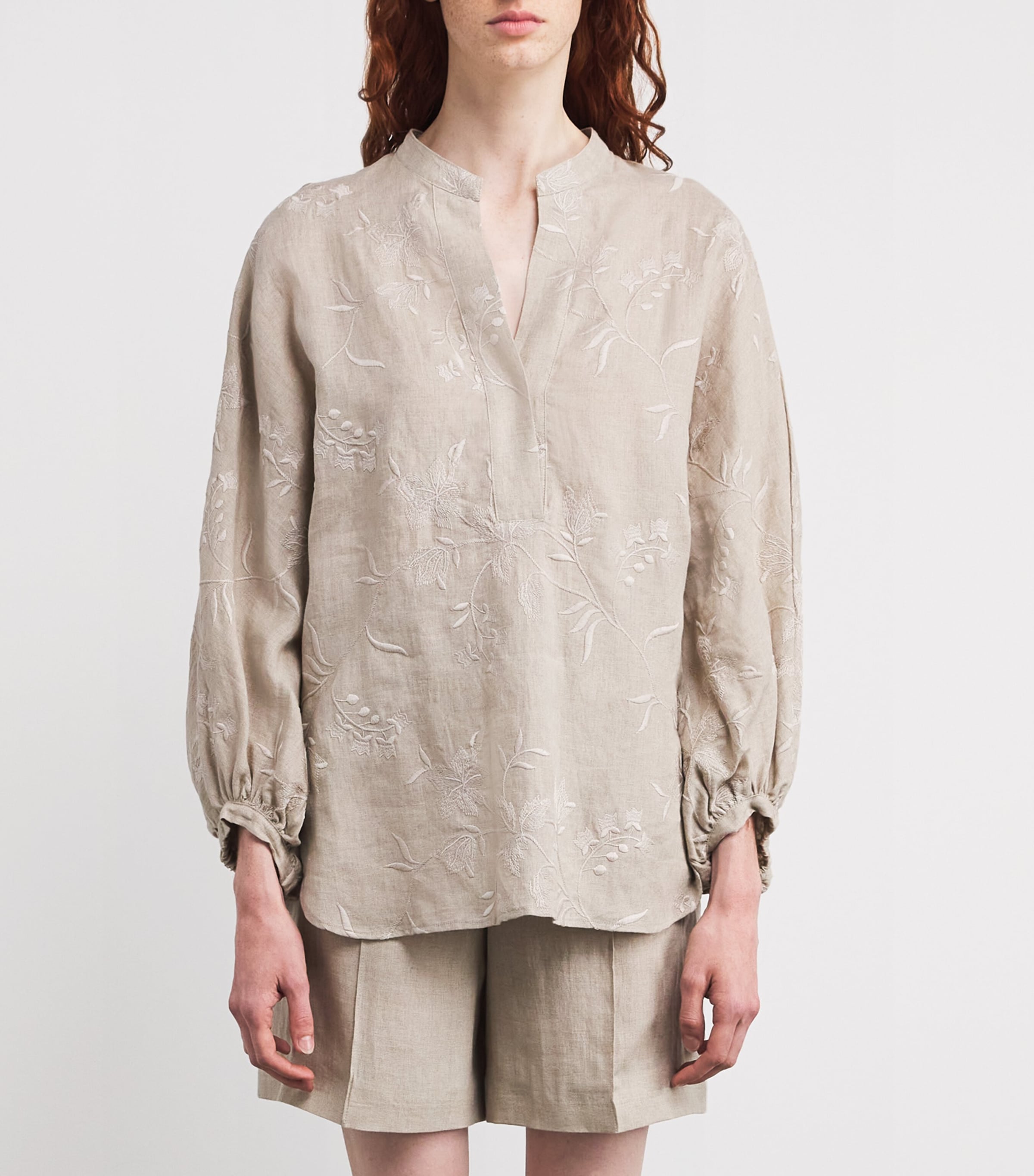 Eleventy Womens x Harrods Linen Floral-Embroidered Blouse Sabbia Image 3