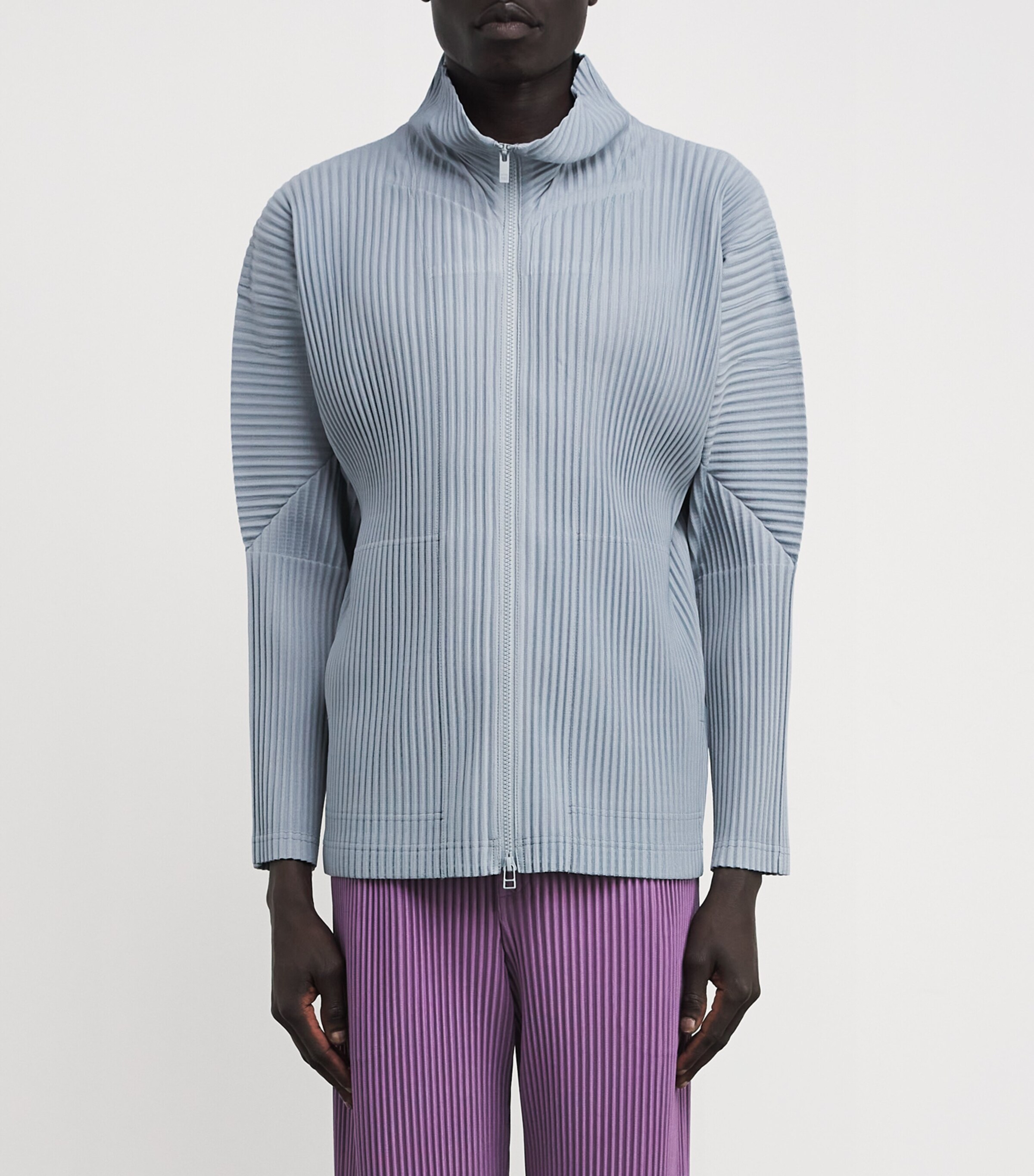 Homme Plissé Issey Miyake Mens Pleated Zip-Up Cardigan Gray Blue Image 3