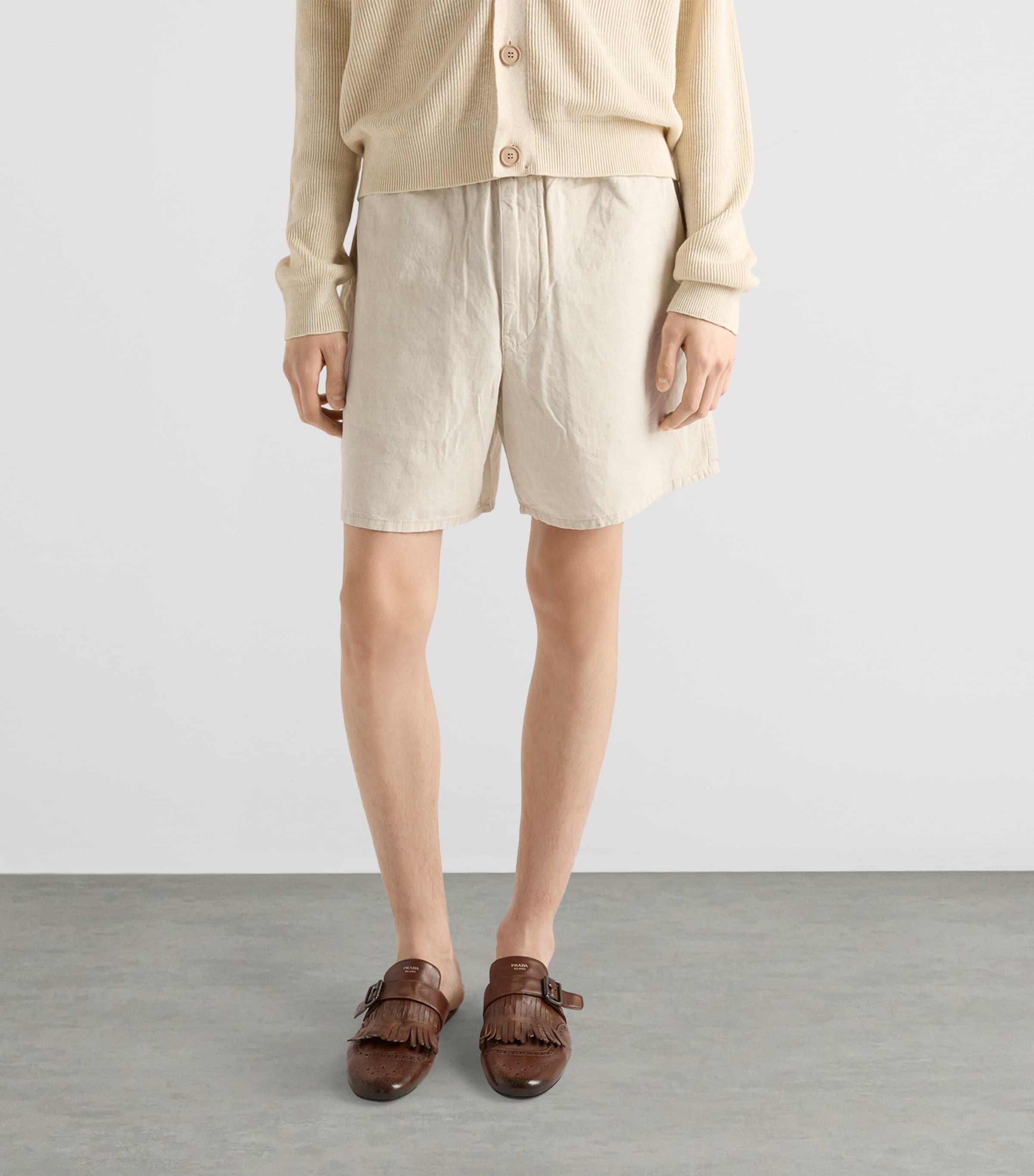 Prada Neutral Cotton-Linen Triangle Bermuda Shorts | Harrods UK Prada Neutral Cotton-Linen Triangle Bermuda Shorts | Harrods UK