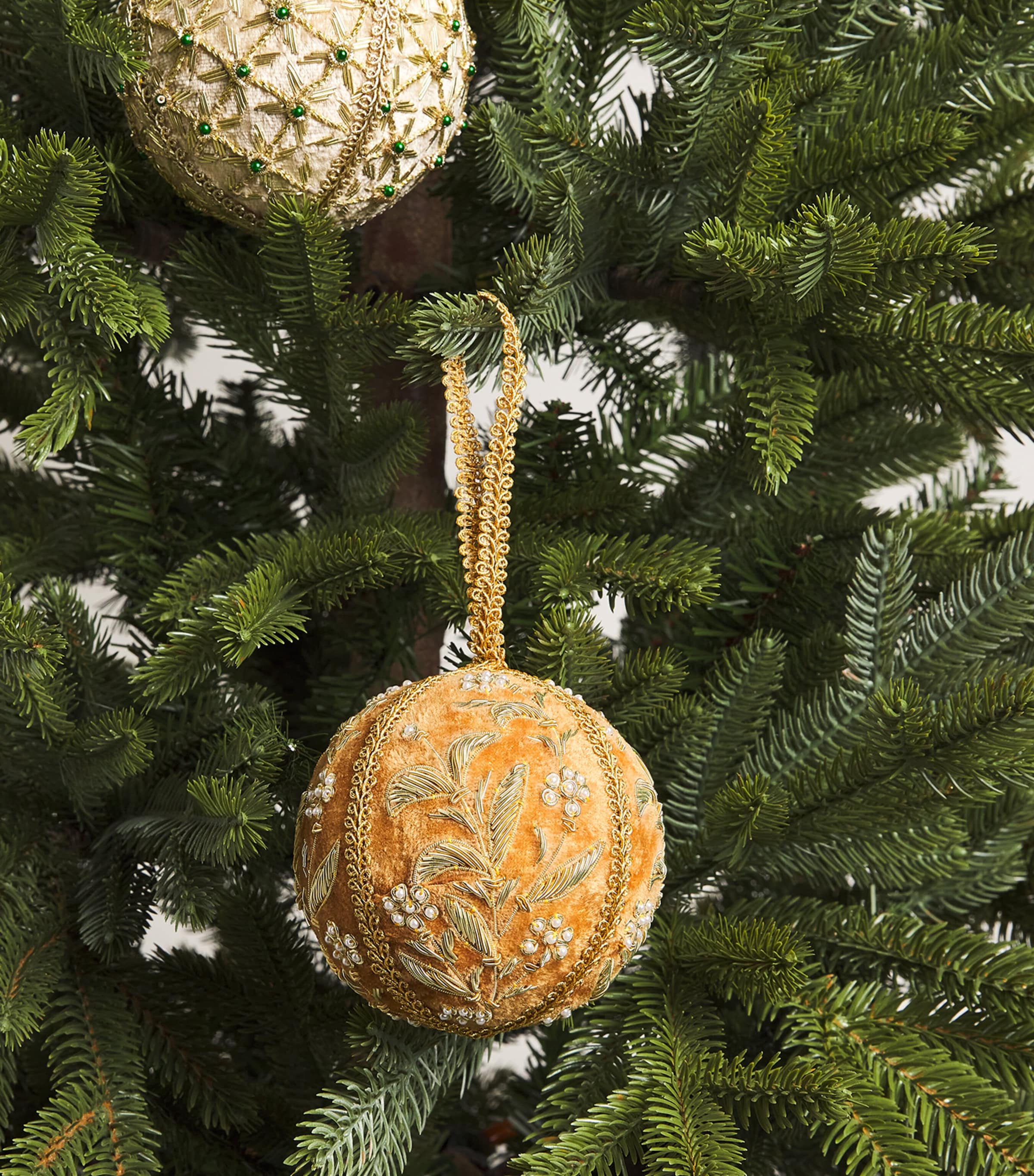 Harrods Velvet Floral-Embroidered Bauble Gold/green Image 2