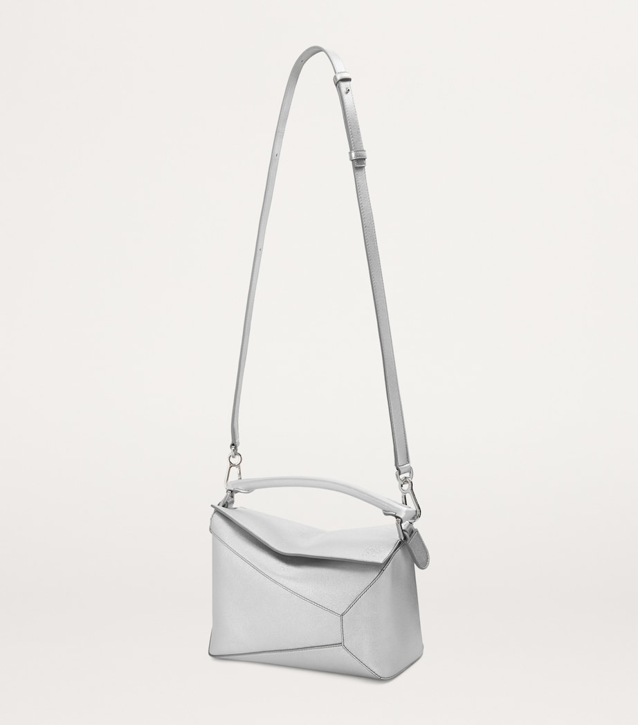 Small Metallic Leather Puzzle Top-Handle Bag SILVER Image 6
