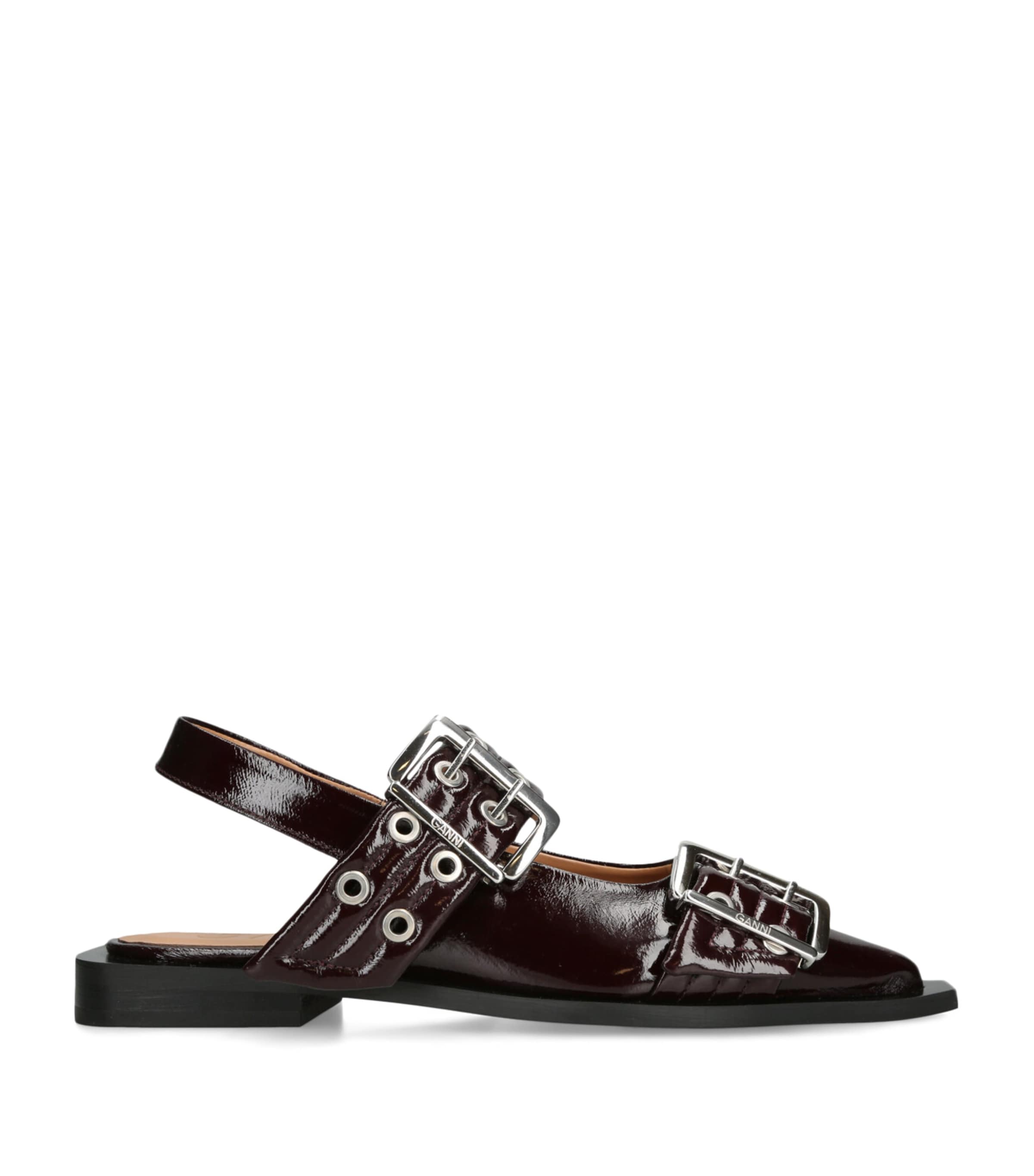 Ganni Embellished Glossed Recycled Point-toe Slingback Flats In Brown