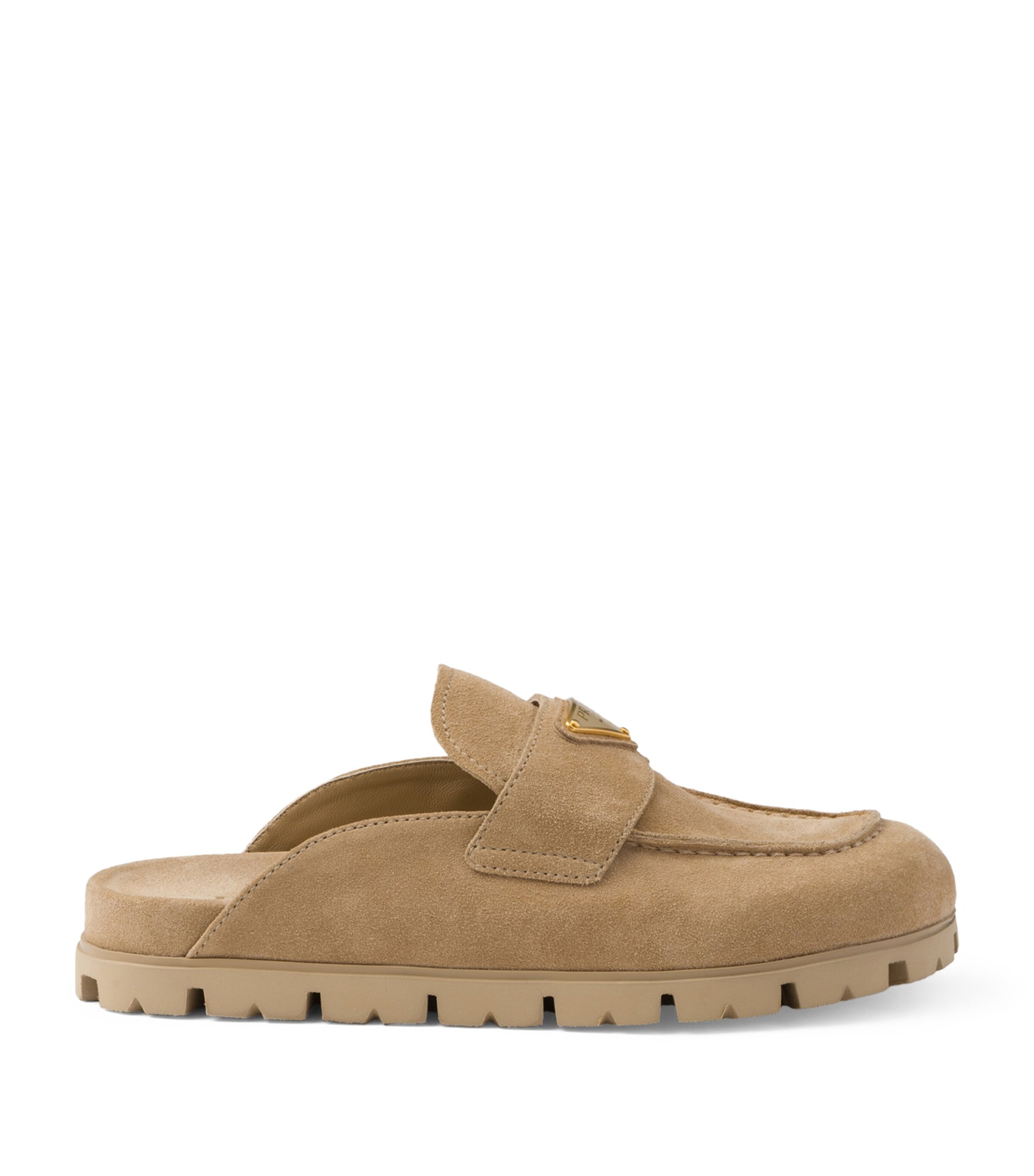 Prada Fussbett Suede Loafer Mules In Neutral