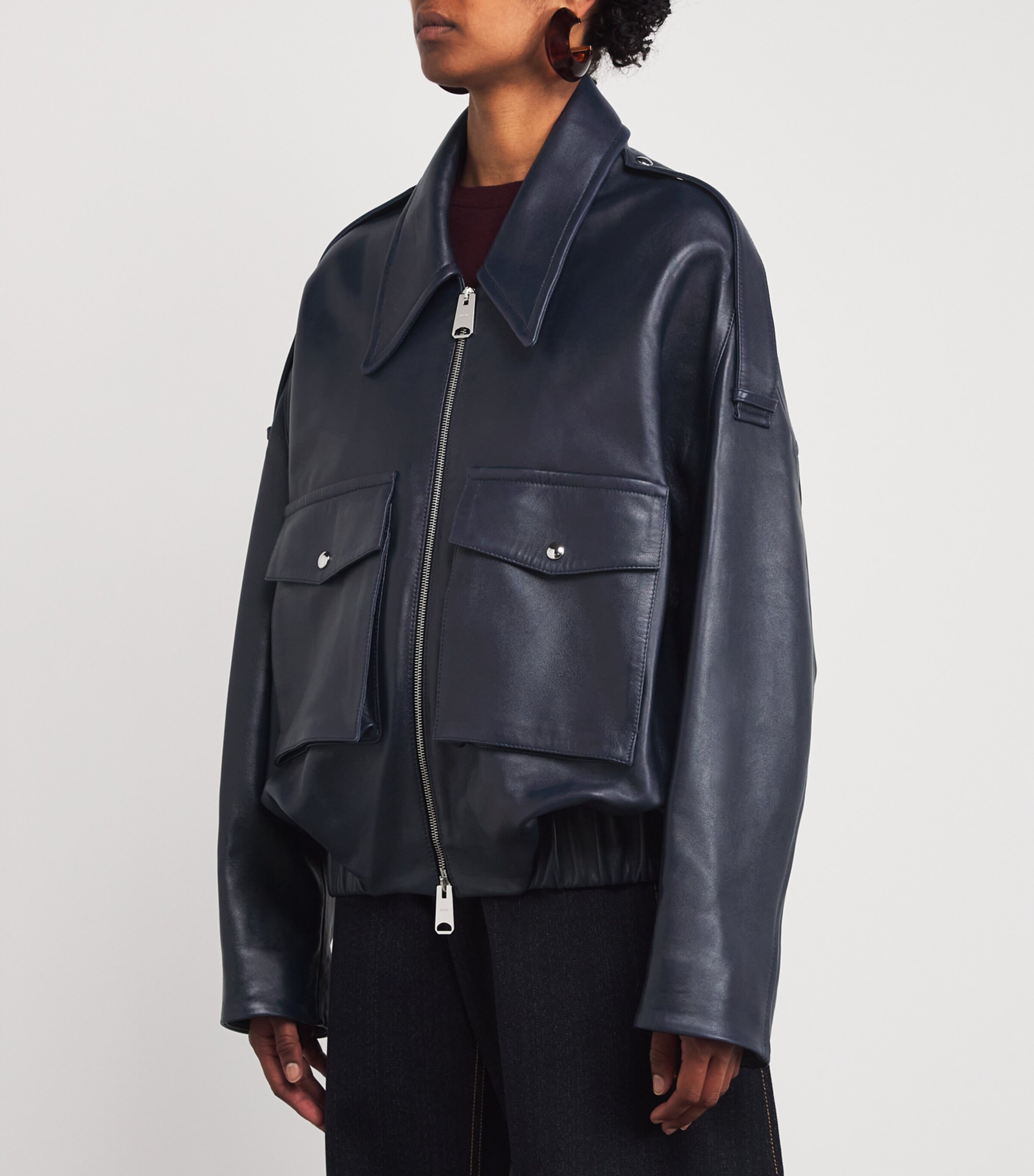 Khaite Navy Oversized Owey Leather Jacket | Harrods US