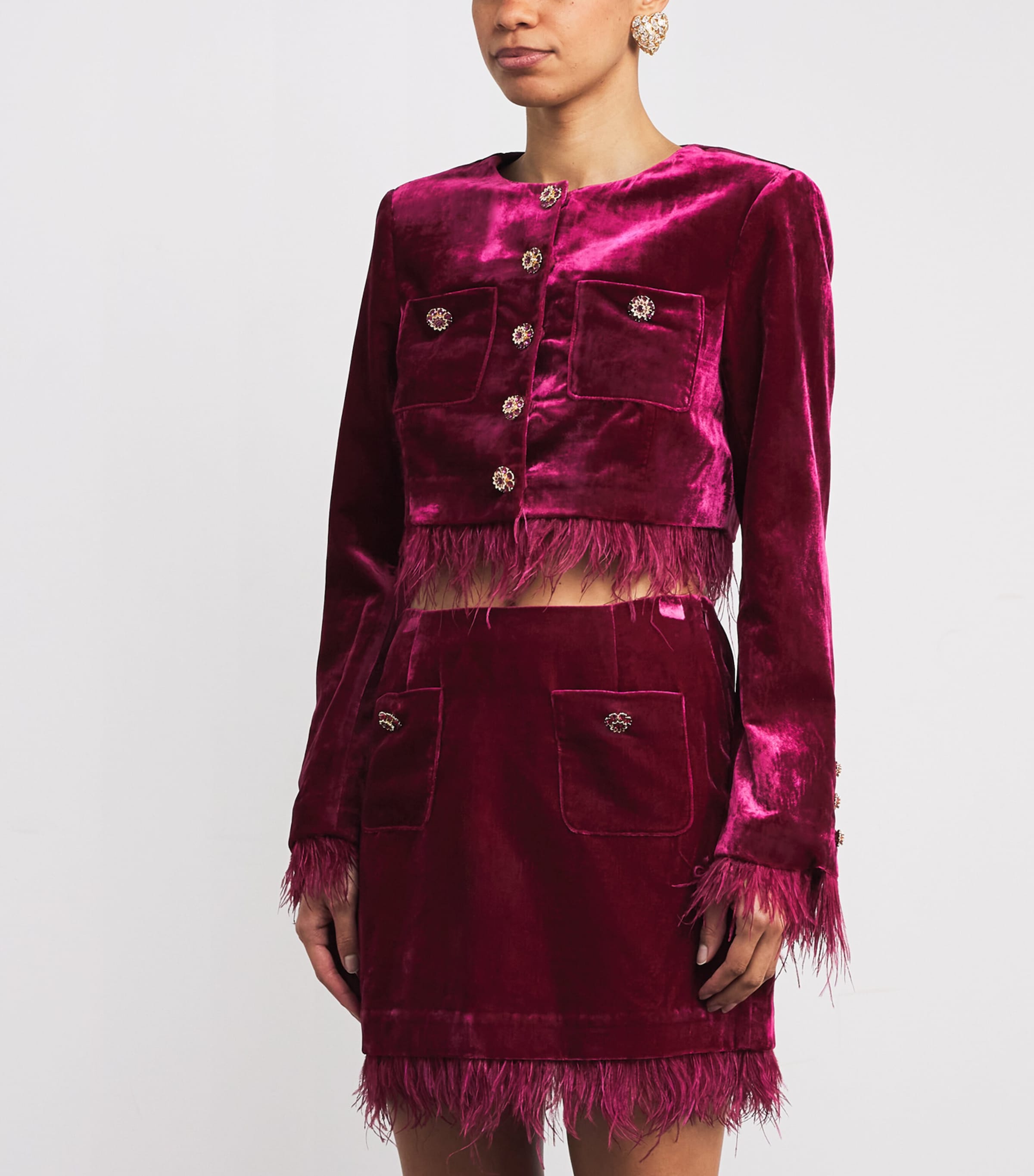 Cinq A Sept Womens Velvet Evelina Feather-Trimmed Jacket Red Plum Image 3