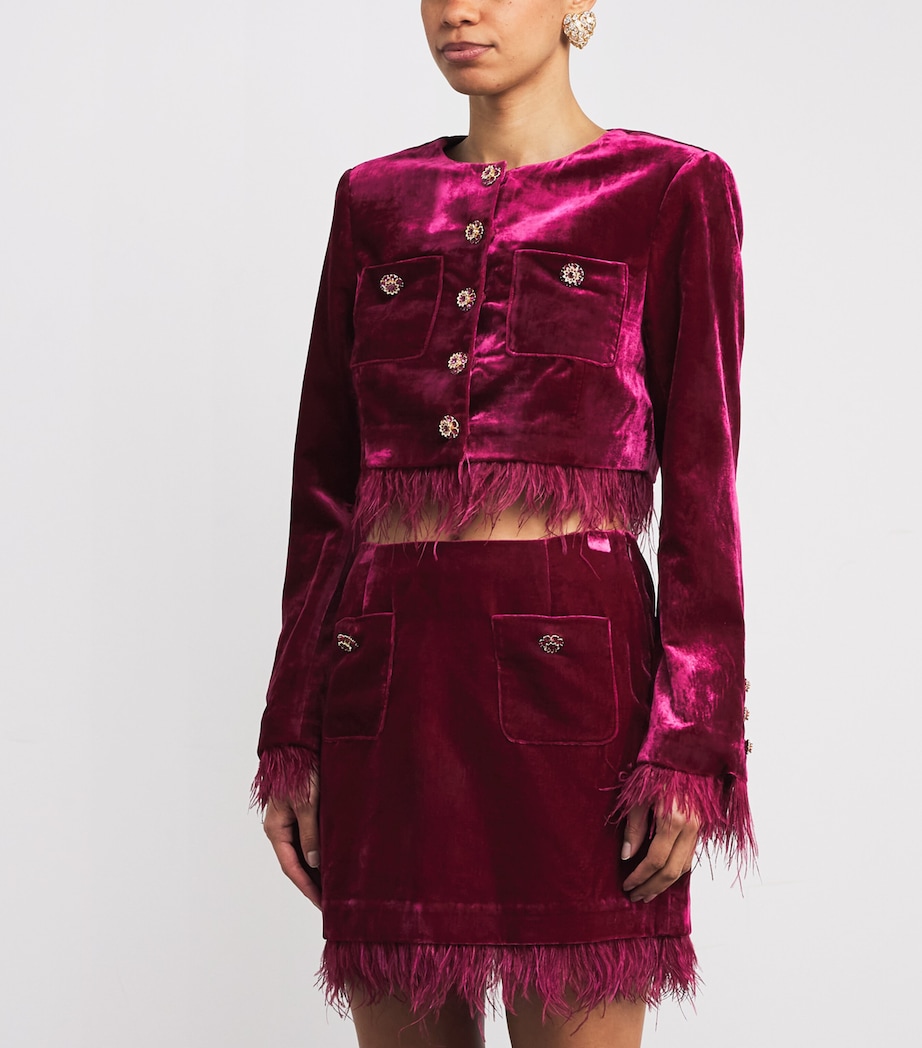 Cinq A Sept Womens Velvet Evelina Feather-Trimmed Jacket Red Plum Image 3