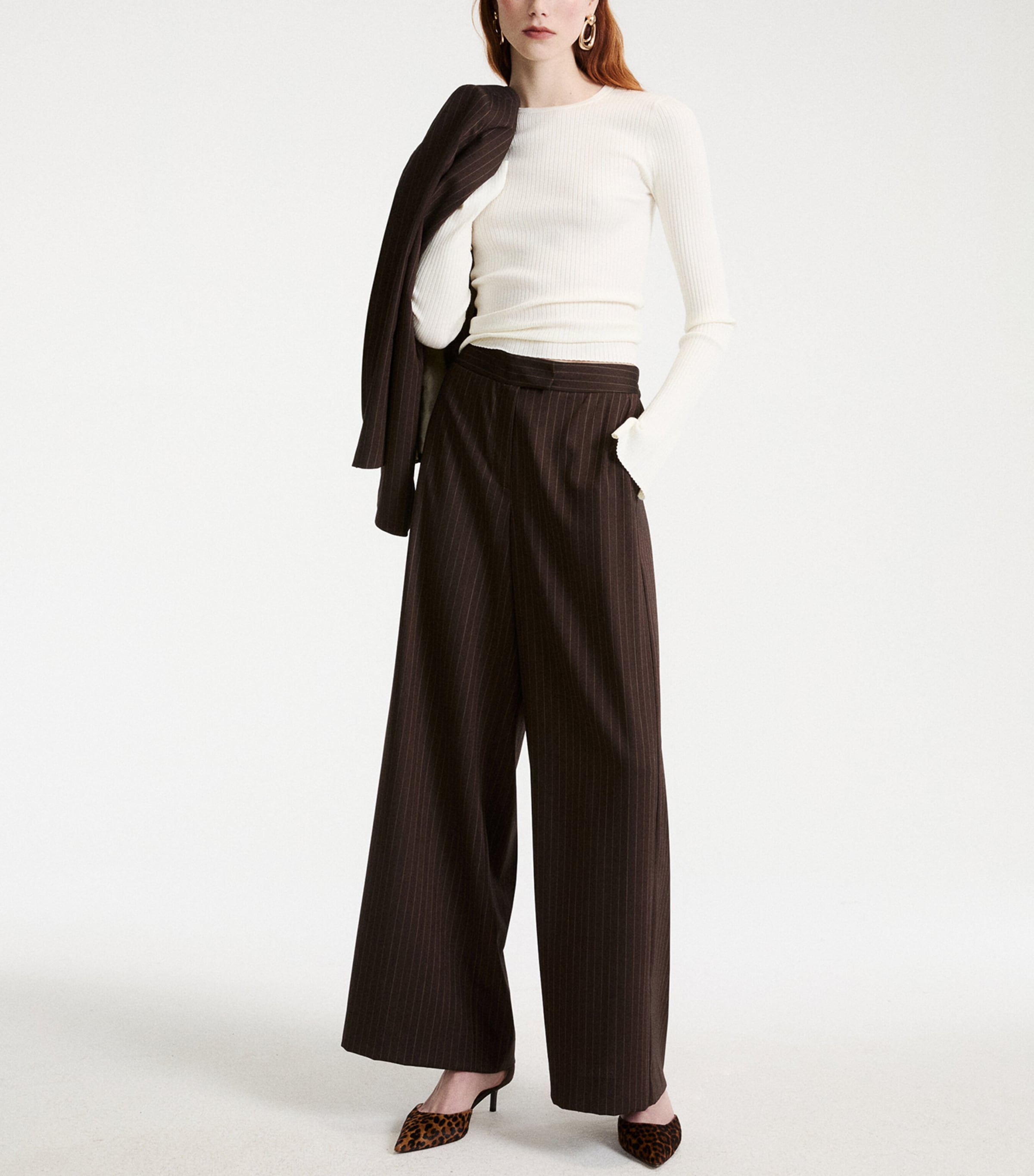 Marella Womens Wool-Blend Pinstripe Wide-Leg Trousers Brown Image 4