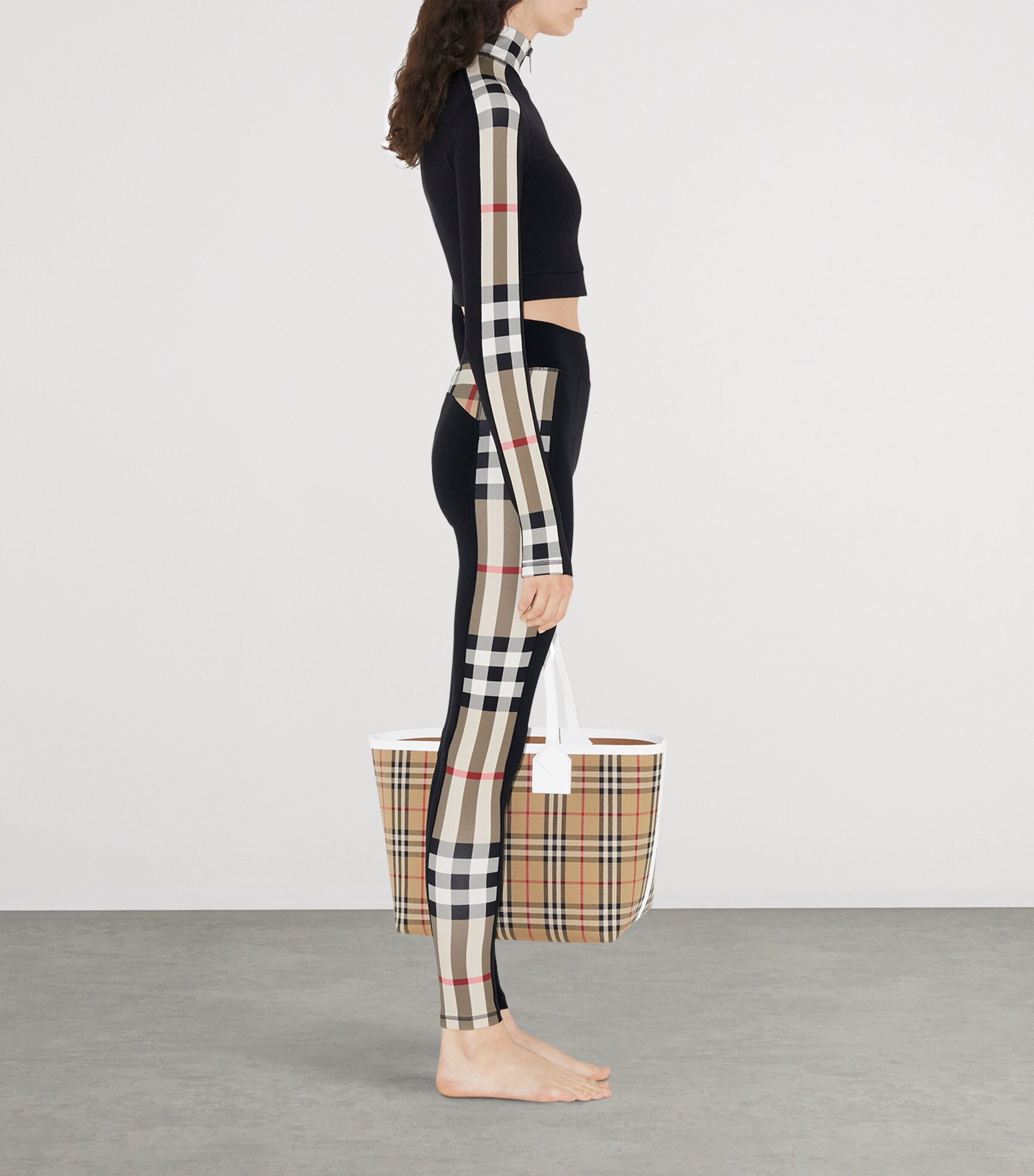 Stretch-Jersey Check Zip-Up Crop Top BLACK Image 3