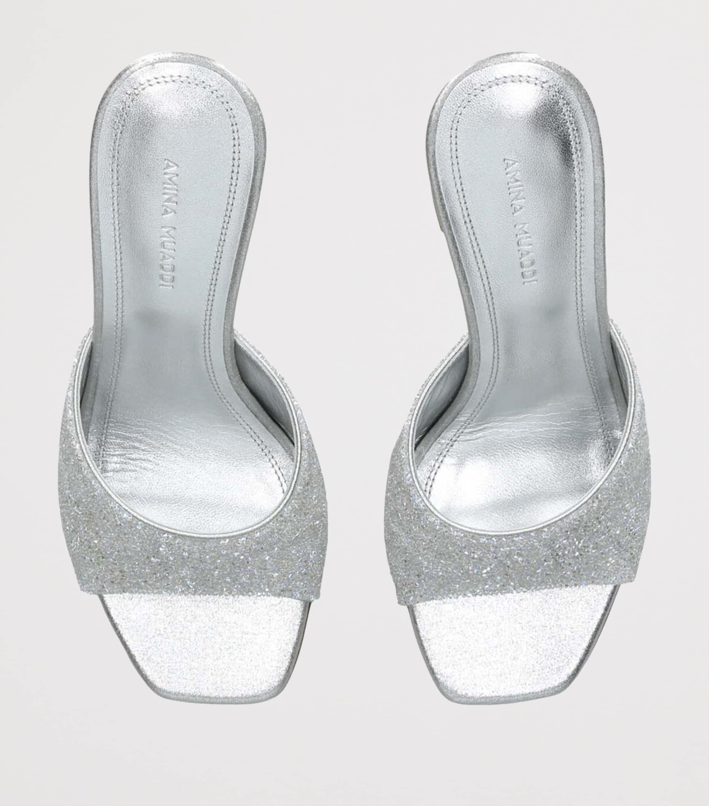 Amina Muaddi Satin Lupita Crystal Dust Heeled Mules 95 Silver Image 4
