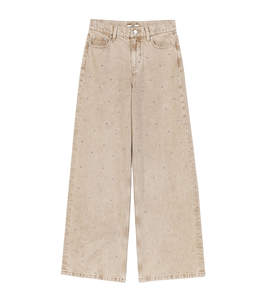 Maje Womens Rhinestone-Embellished Wide-Leg Jeans Beige Image 1