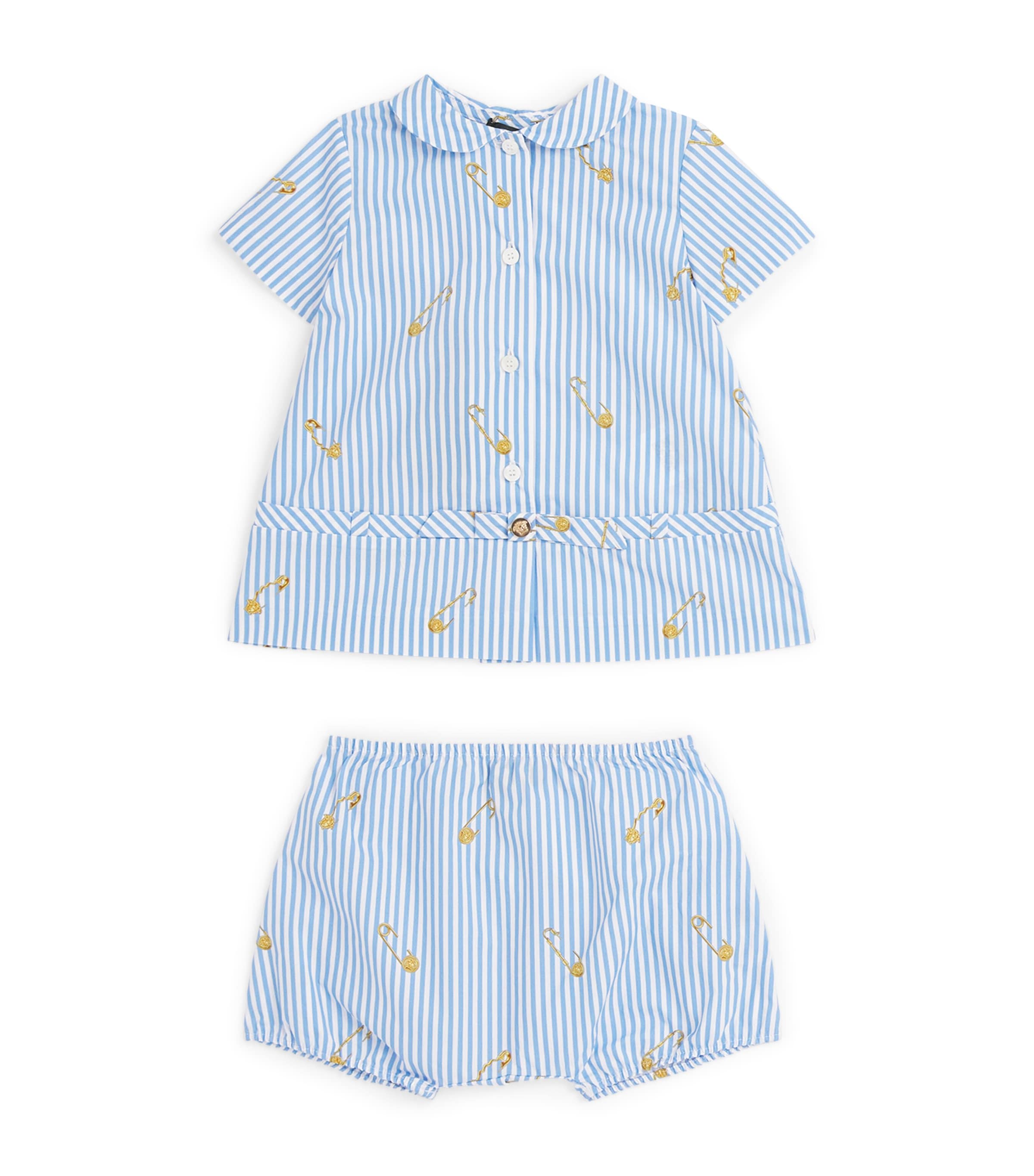 Versace Cotton Stripe Safety Pin Dress And Bloomers Set In Blue