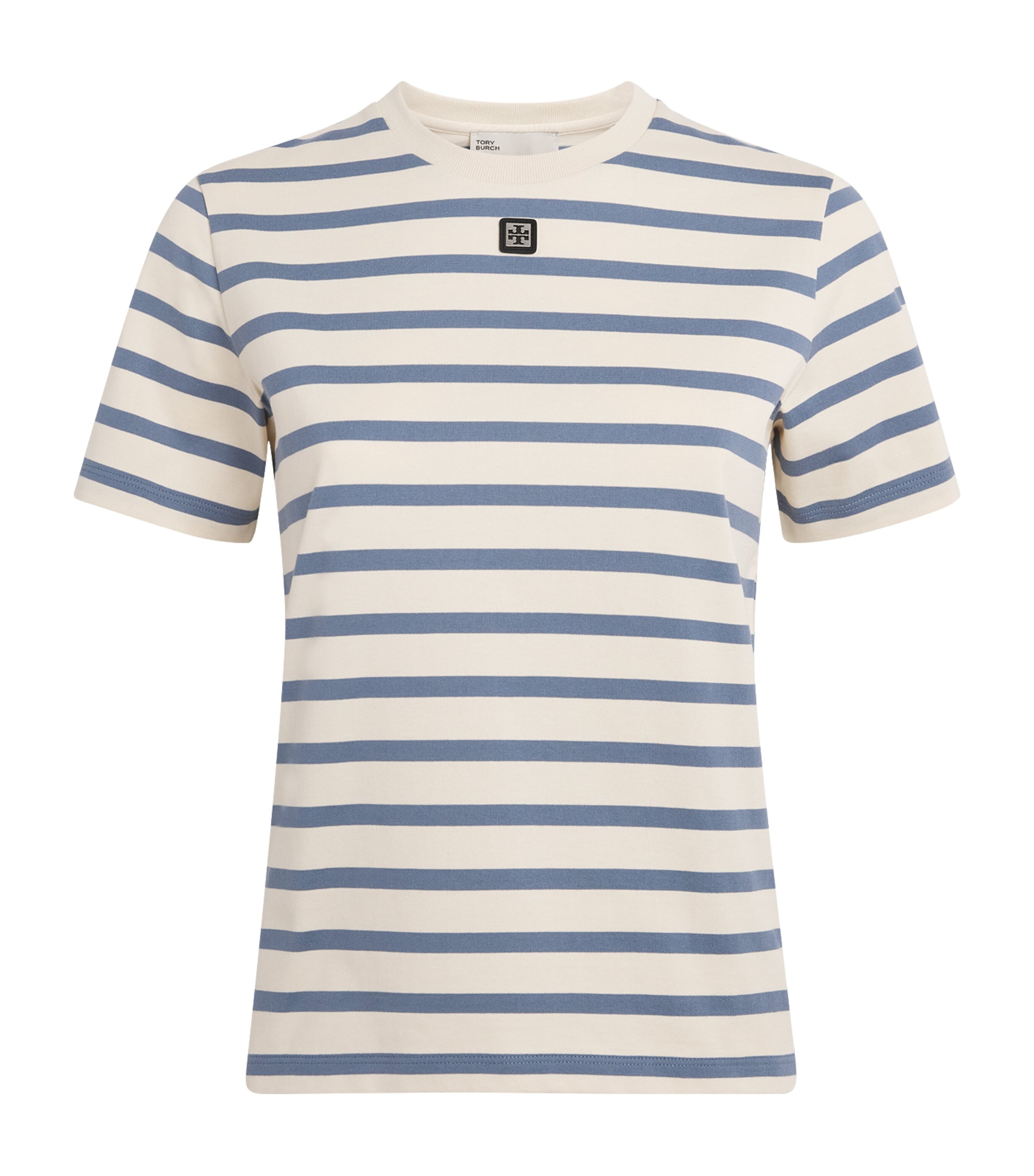 Tory Burch Womens Cotton Stripe Logo T-Shirt Lght Ivry/blu Sp Image 1
