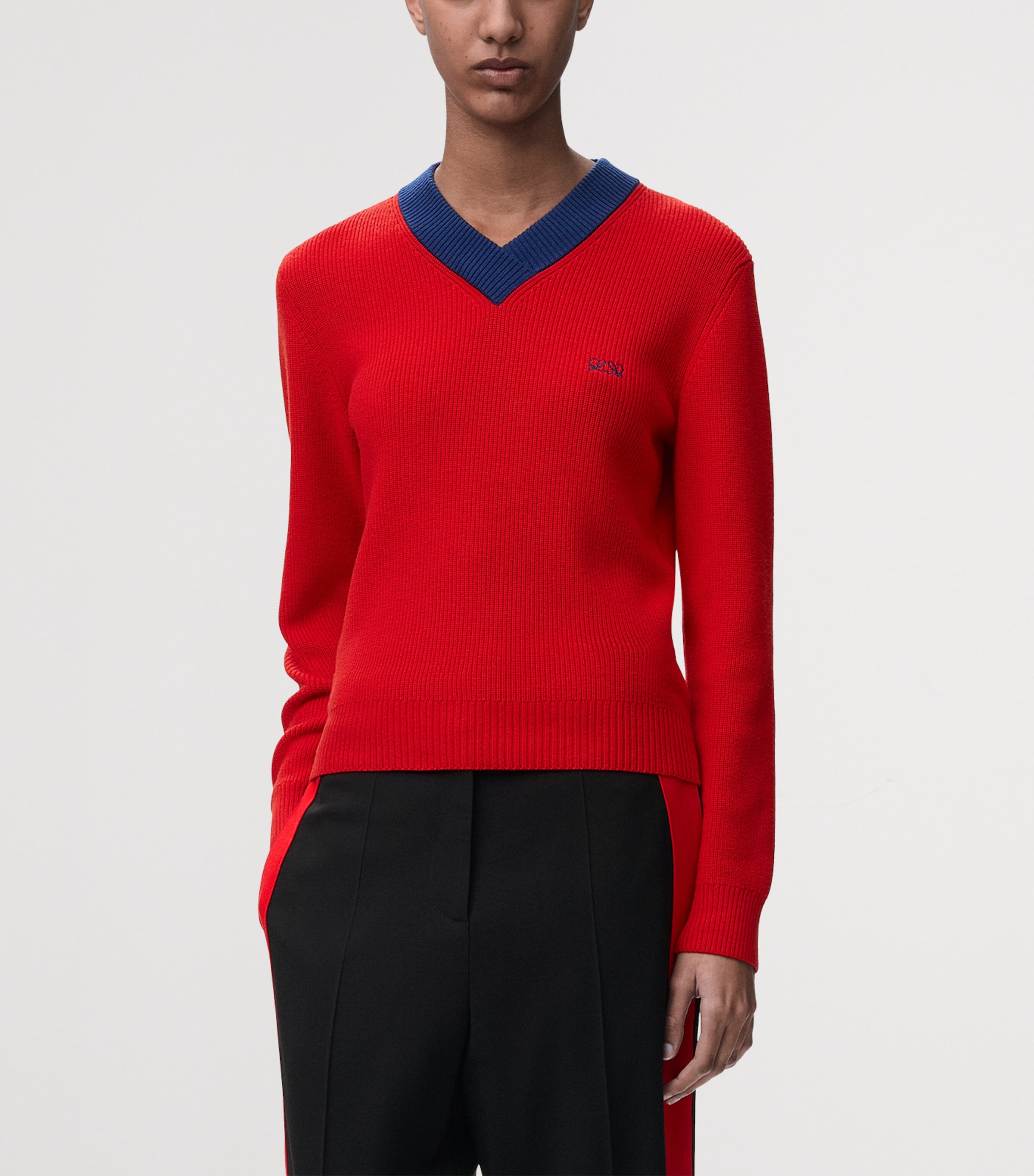 LOEWE Womens Cotton-Wool V-Neck Sweater Red/blue Image 3