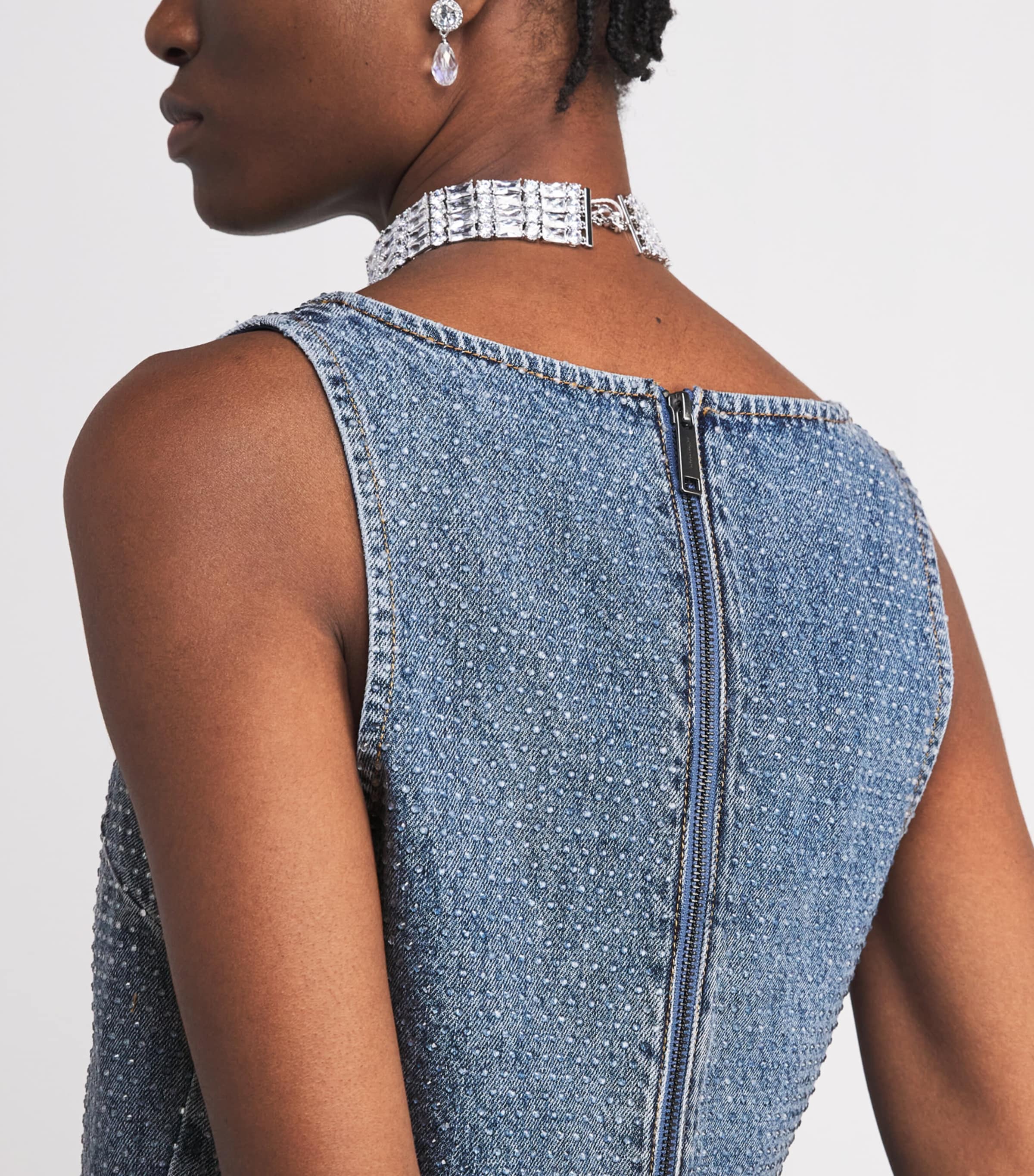 Denim Rhinestone-Embellished Crop Top BLUE Image 6