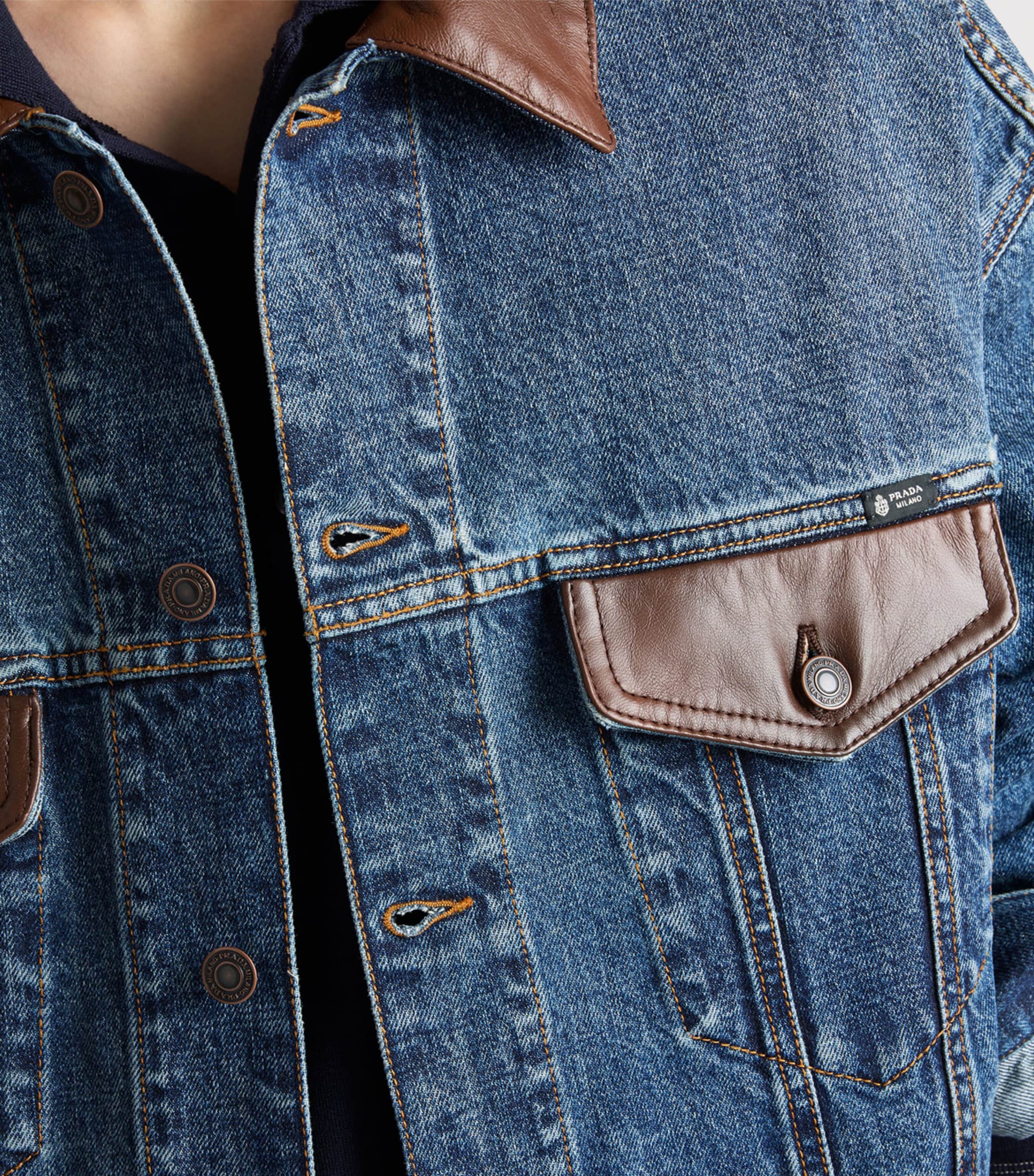 Prada Mens Leather-Collar Denim Jacket Blue Image 4
