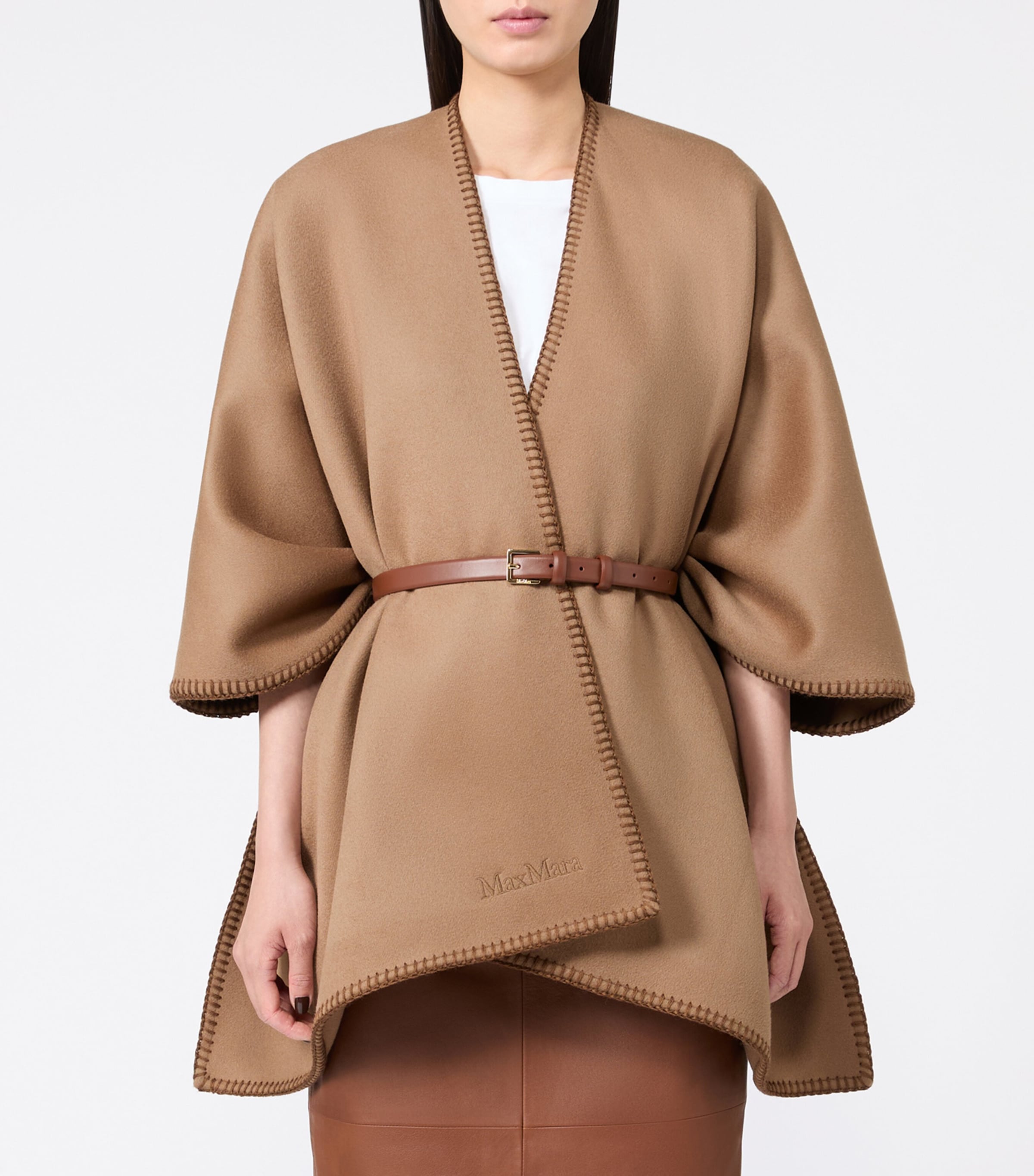 Max Mara Womens Virgin Wool Logo Cape and Belt Camel Image 3