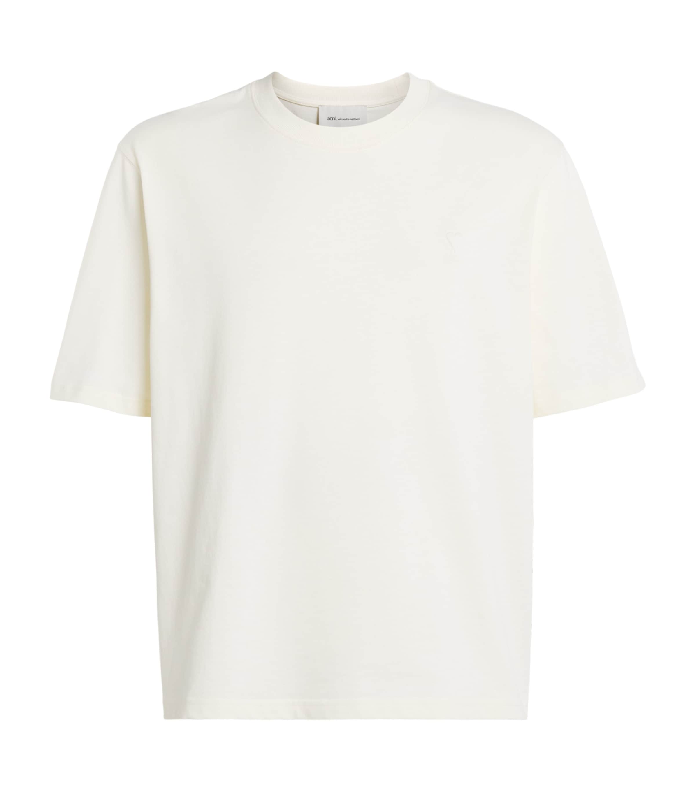 AMI Paris Mens Cotton Embossed Logo T-Shirt Blanc Creme Image 1