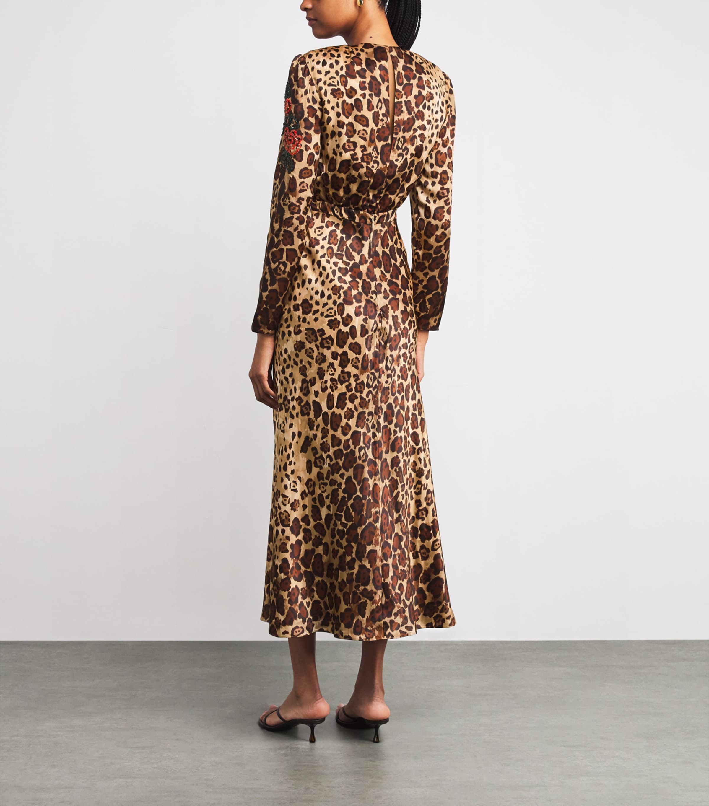 Saloni Womens Satin Beaded Cheetah Print Claudia Midi Dress Cheetah Image 3