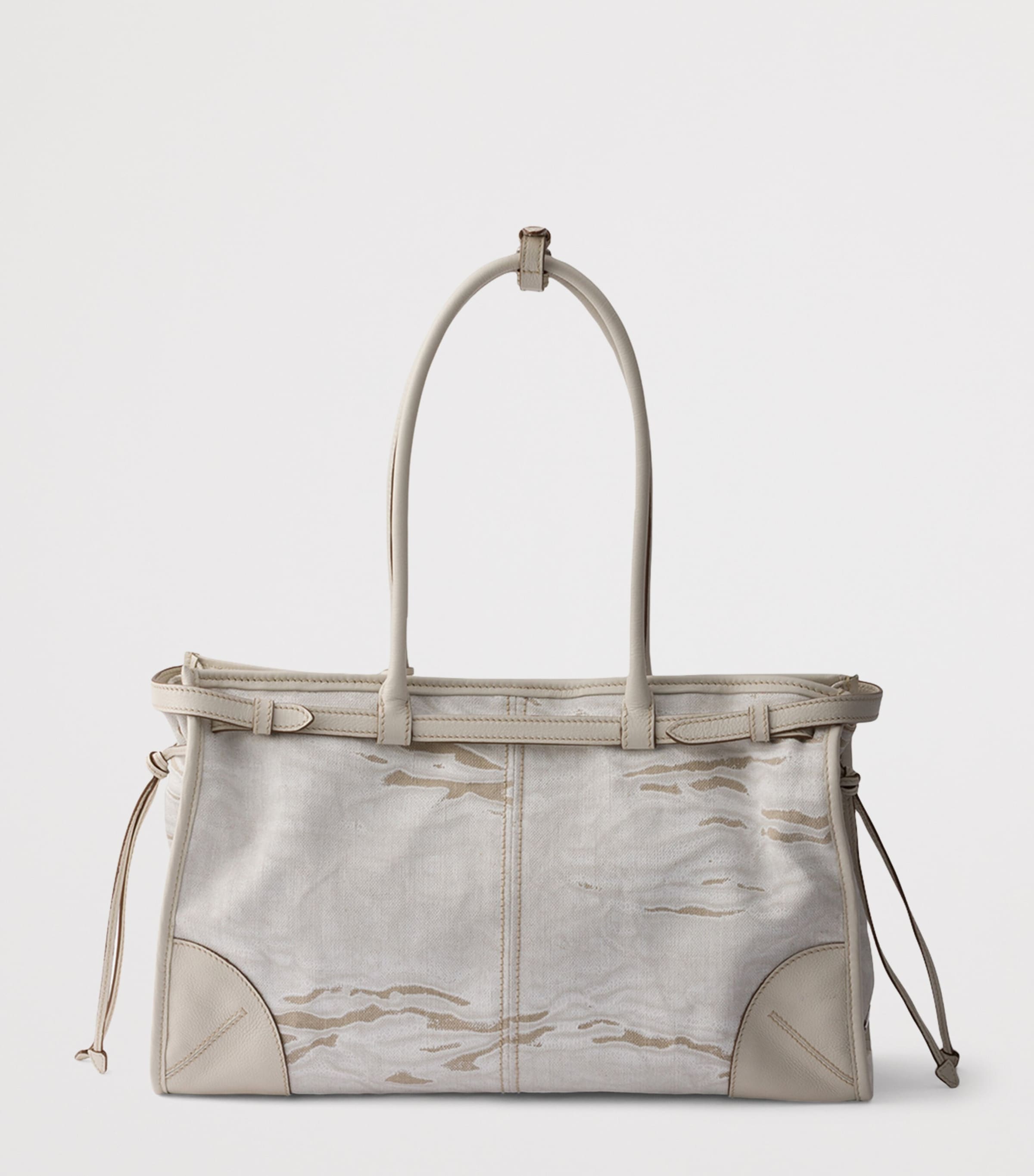 Prada Womens Large Leather and Printed Linen Bonnie Top-Handle Bag White Image 3