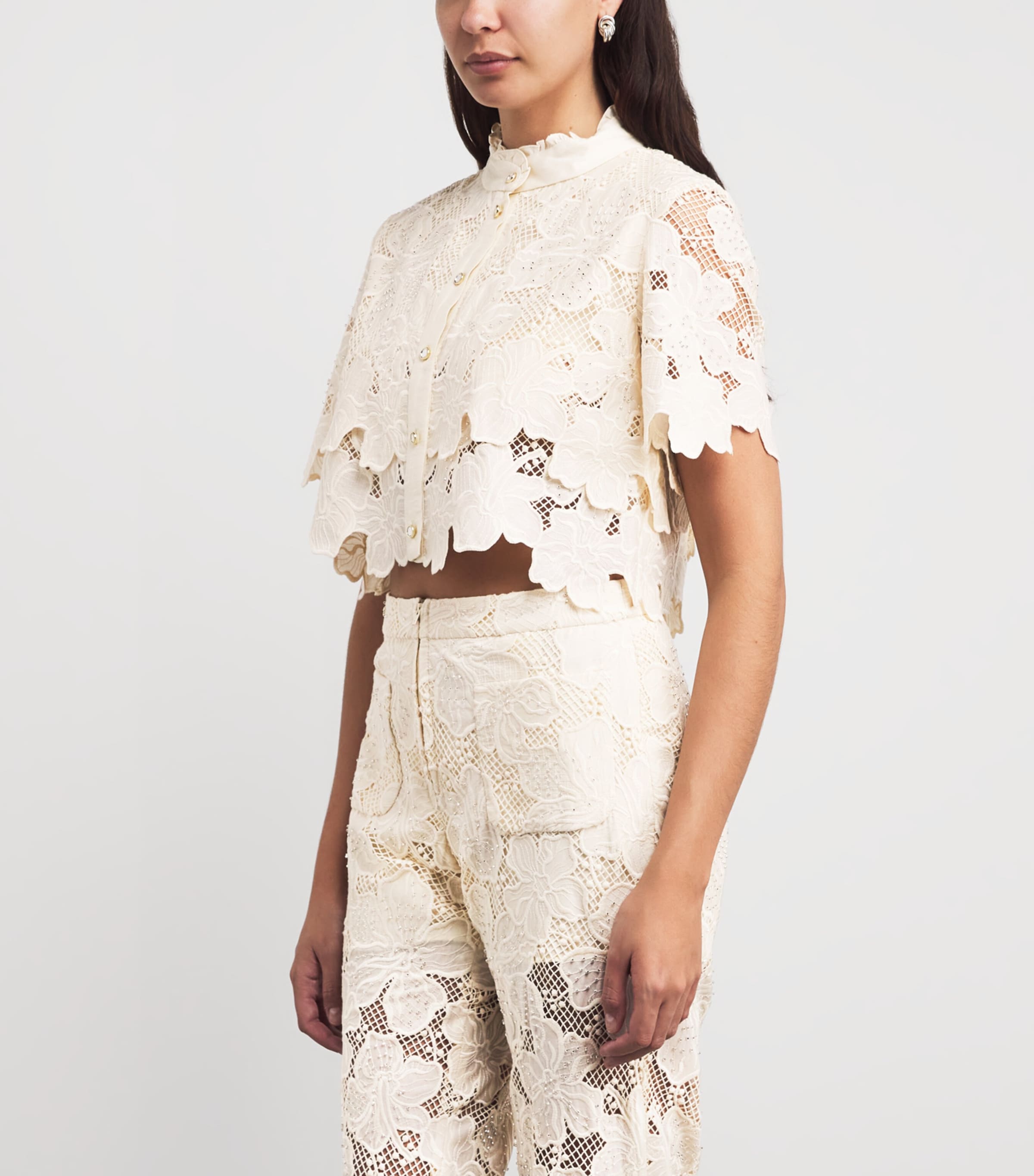 Sandro Paris Womens Guipure Lace Cropped Shirt Ecru Image 4