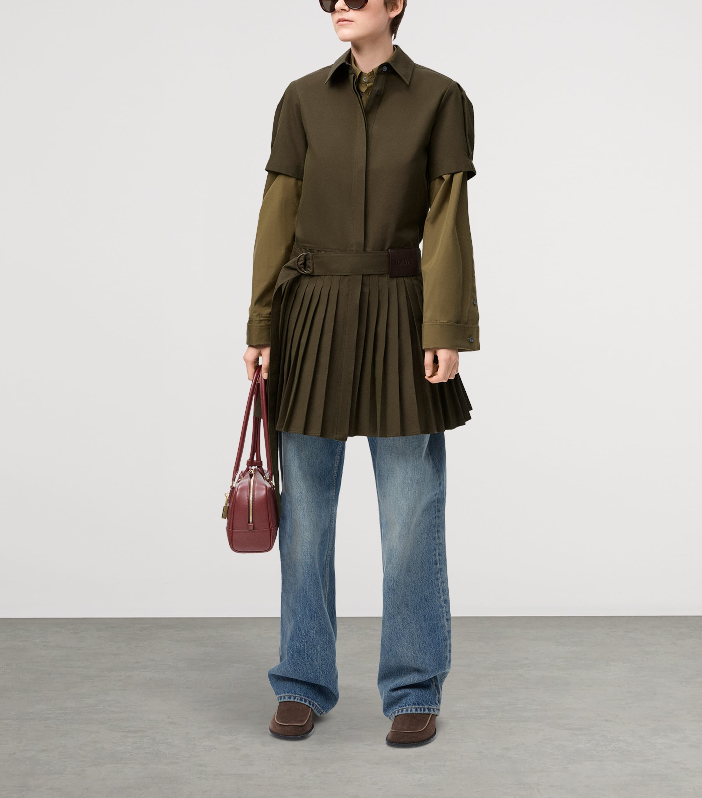 LOEWE Womens Belted Pleated Mini Dress Khaki Green Image 2