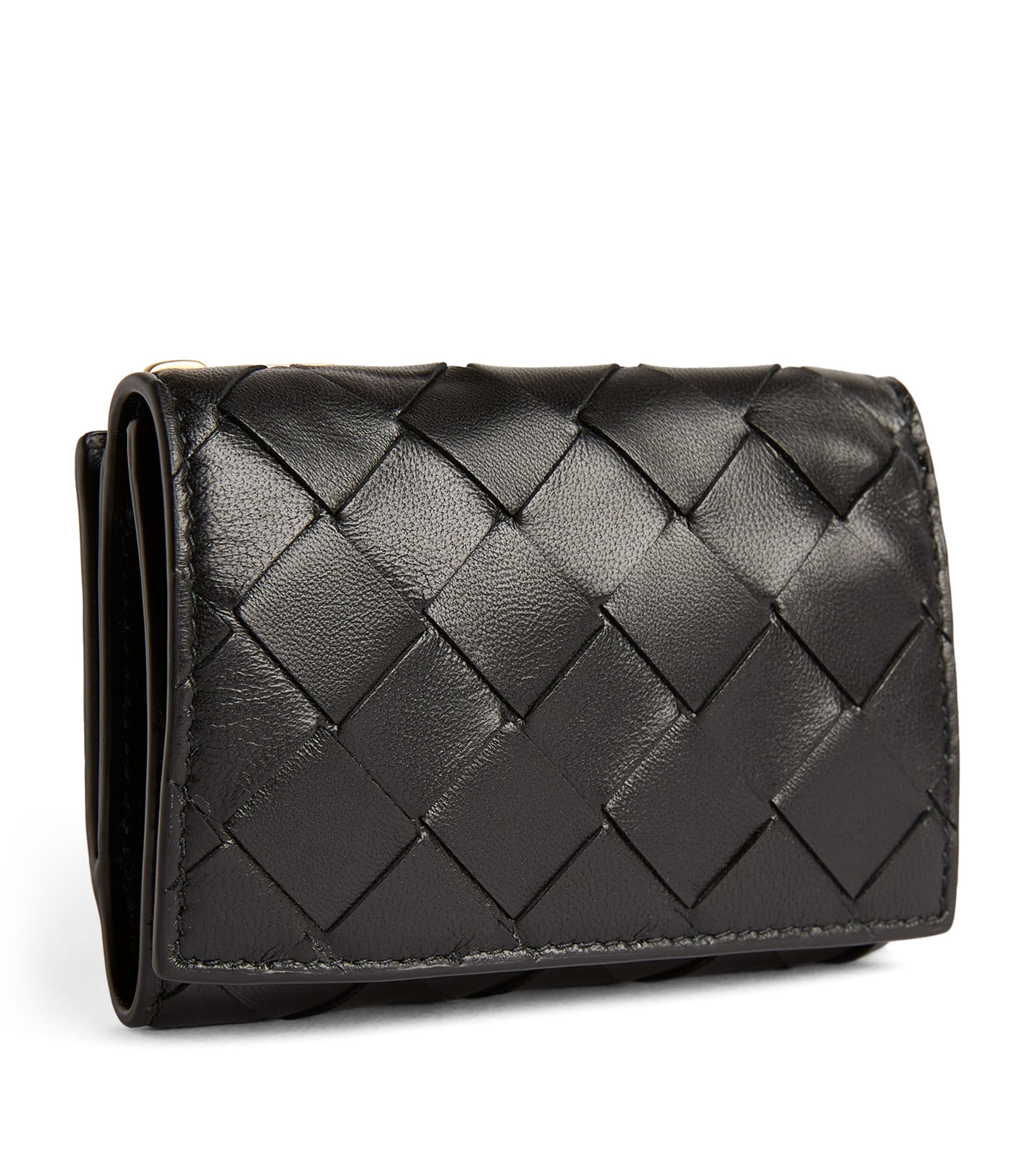 Leather Intrecciato Trifold Wallet BLACK-GOLD Image 3