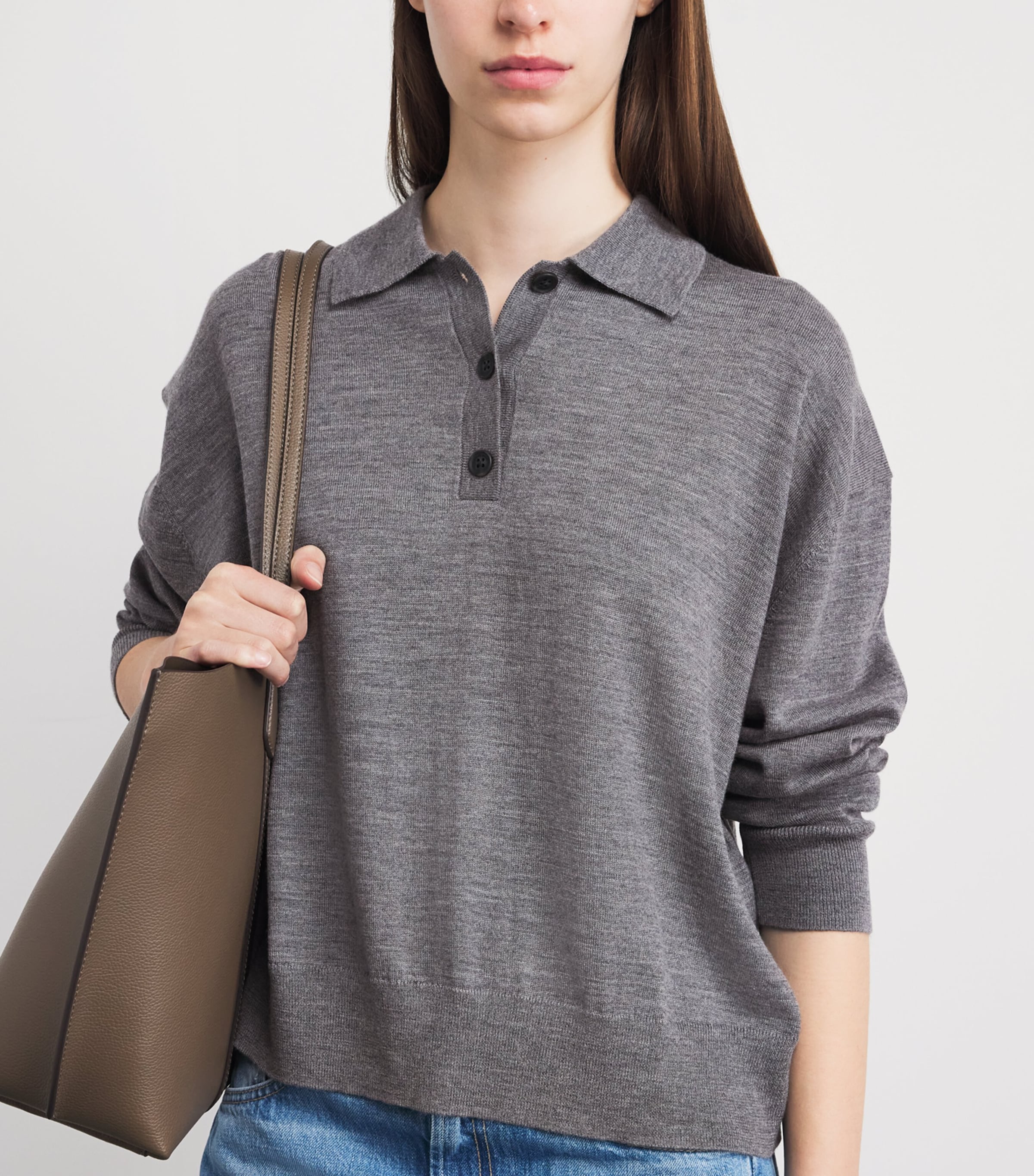 ANINE BING Womens Wool-Cashmere Lee Polo Sweater Medium Heather Grey Image 3