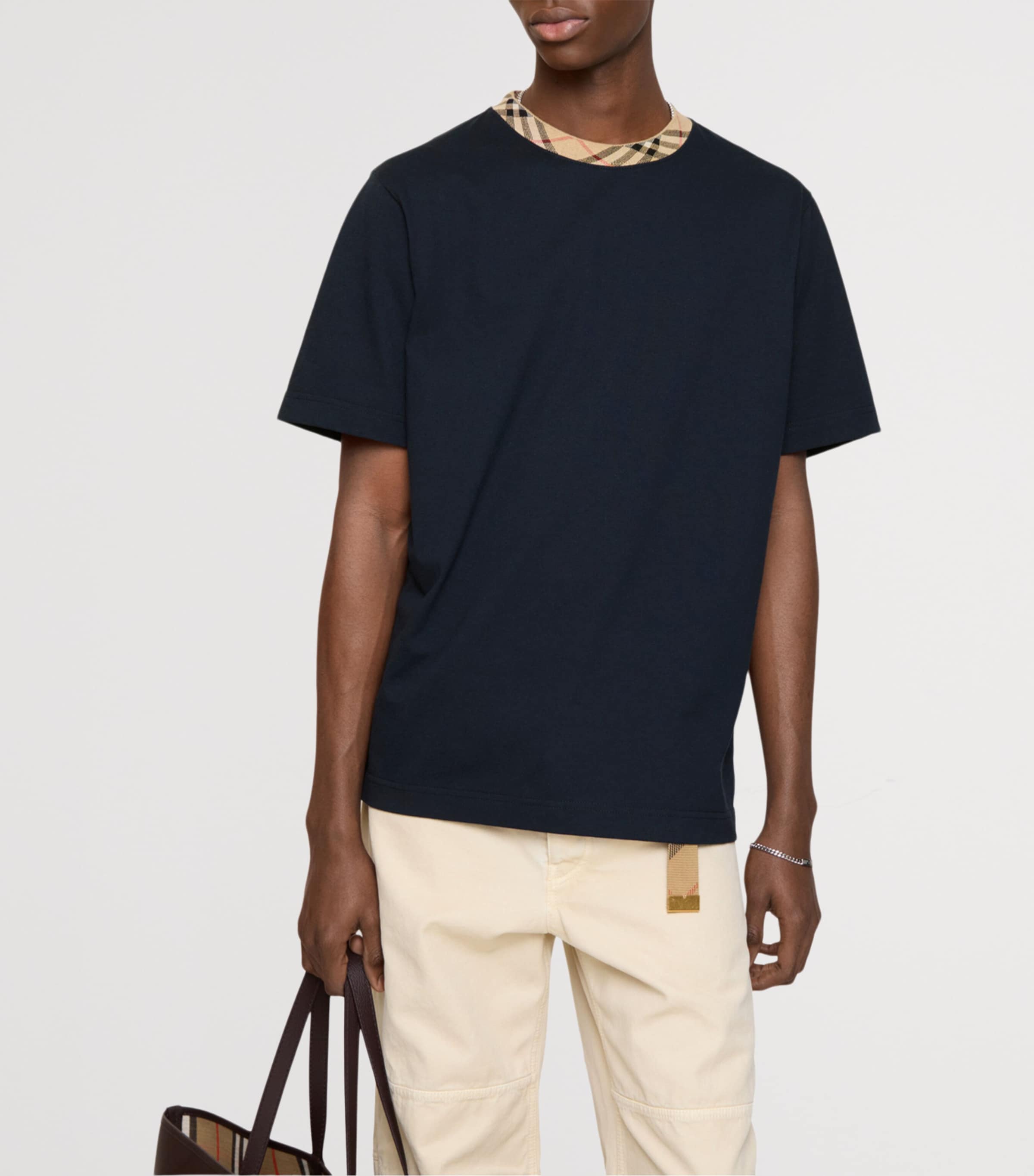 Cotton Check-Neckline T-Shirt NAVY Image 2