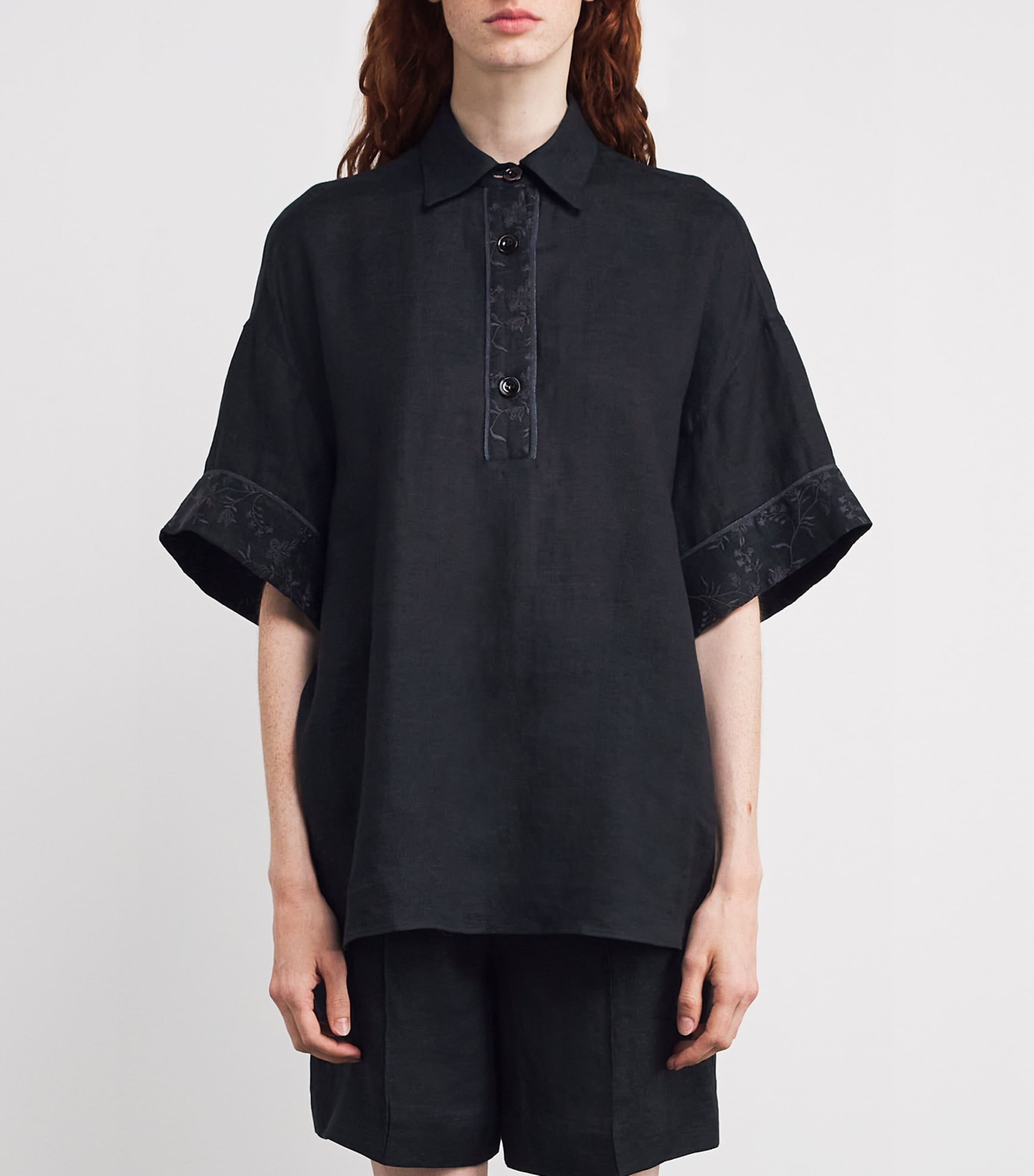 Eleventy Womens x Harrods Linen Embroidered Collared Shirt Nero Image 3