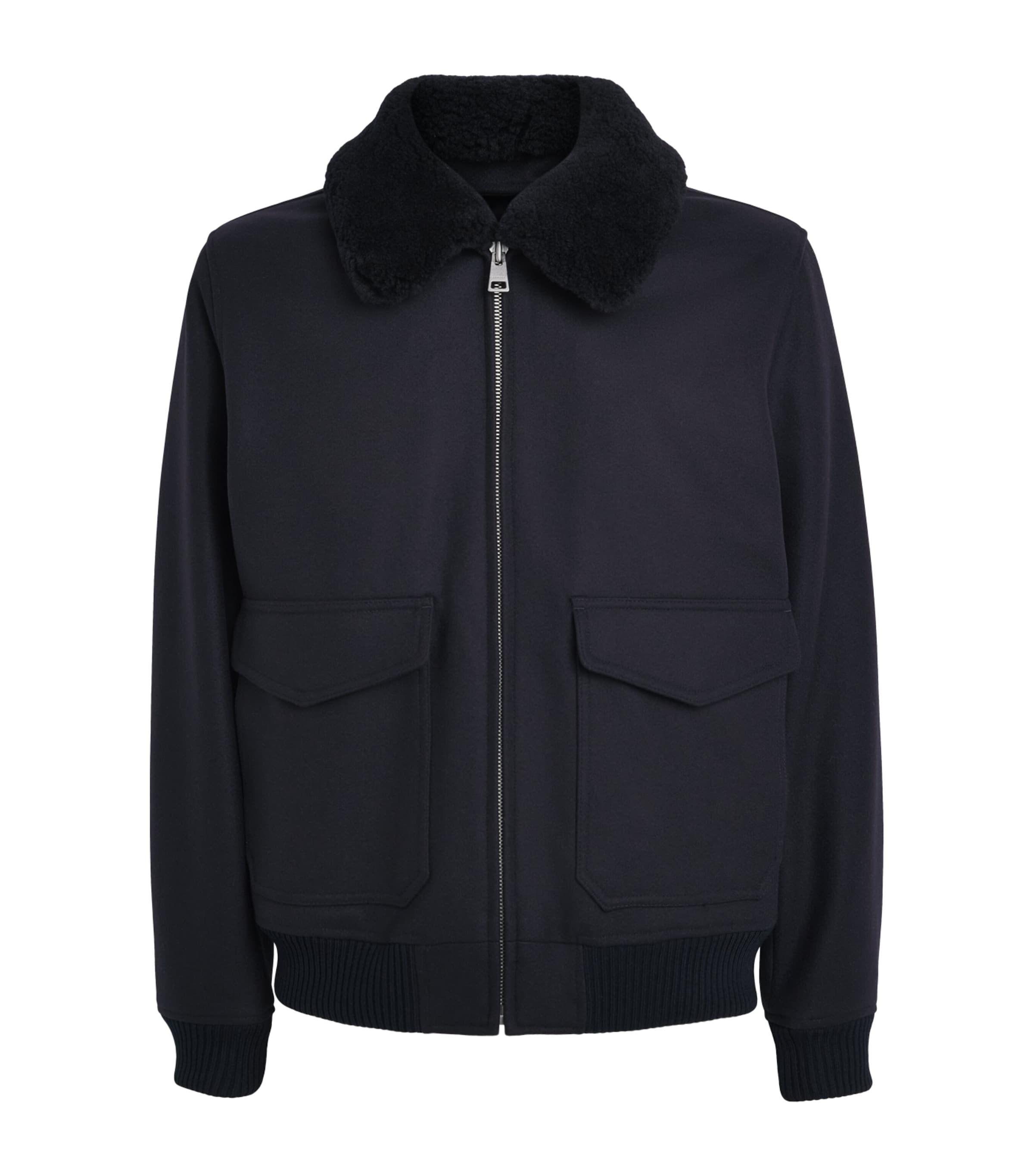 Sandro Paris Mens Wool-Blend Shearling Collar Aviator Jacket Navy Blue Image 1