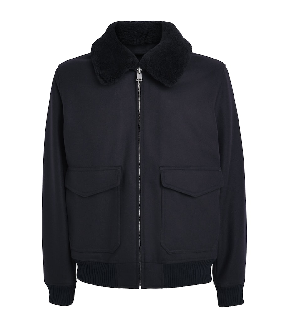 Sandro Paris Mens Wool-Blend Shearling Collar Aviator Jacket Navy Blue Image 1