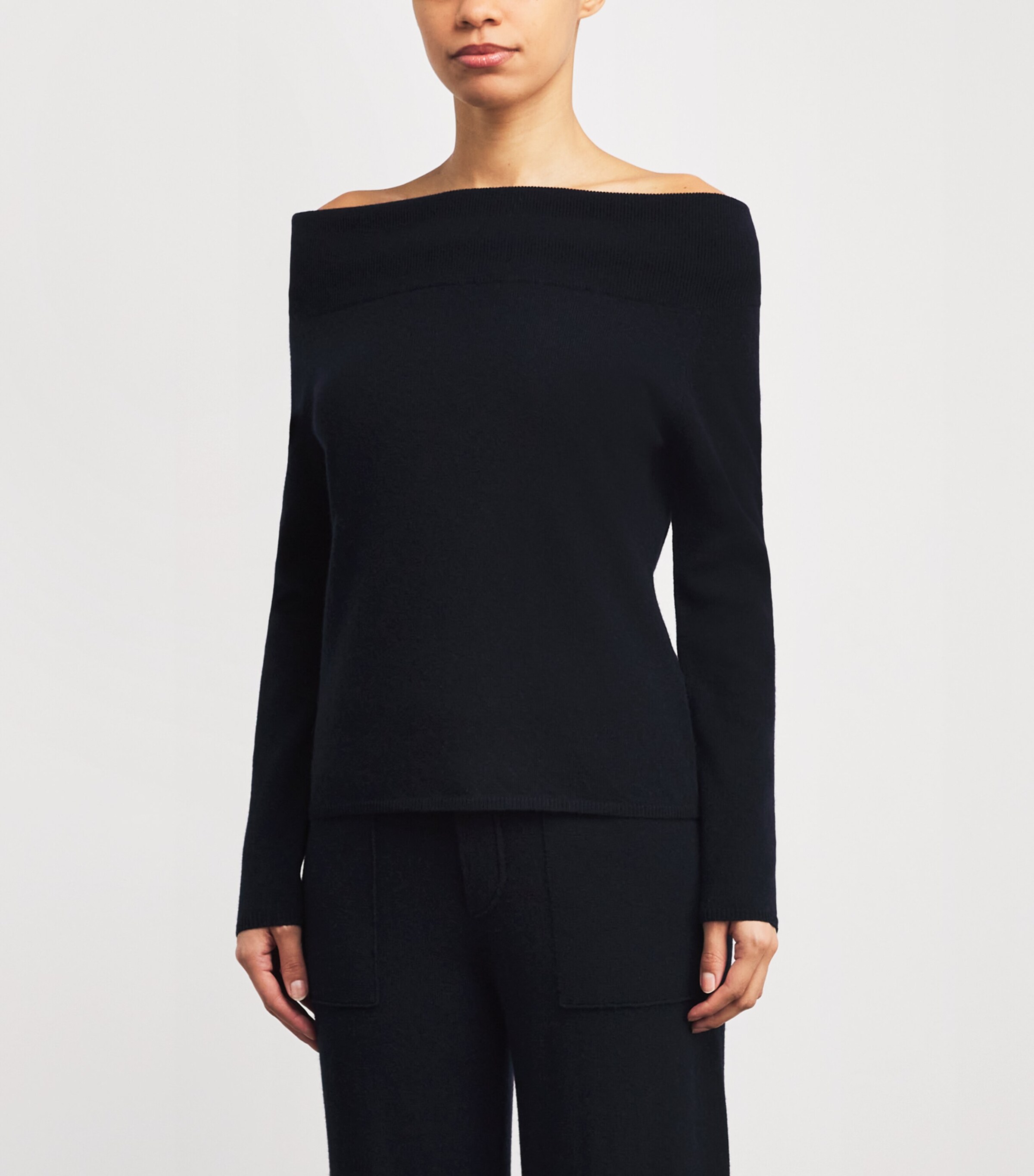 Allude Womens Cashmere-Silk Off-The-Shoulder Sweater Navy Image 3