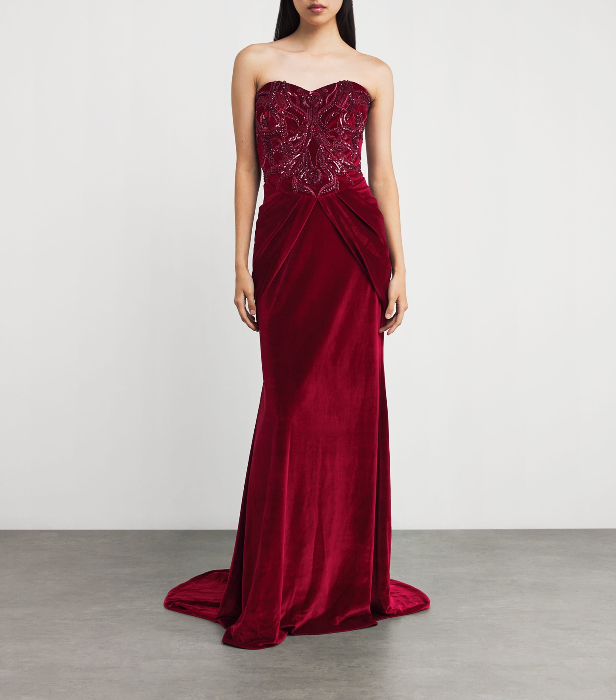Pamella Roland Womens Velvet Bead and Sequin Strapless Gown Scarlet Image 2