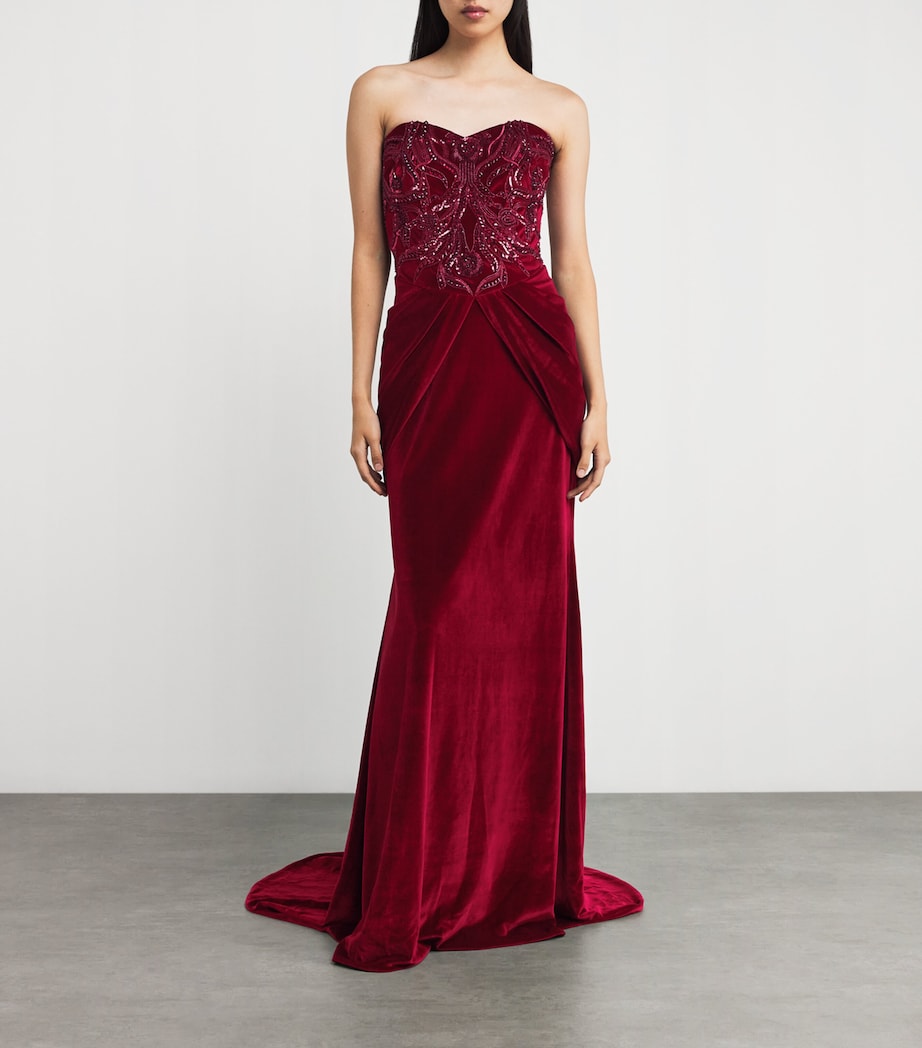Pamella Roland Womens Velvet Bead and Sequin Strapless Gown Scarlet Image 2