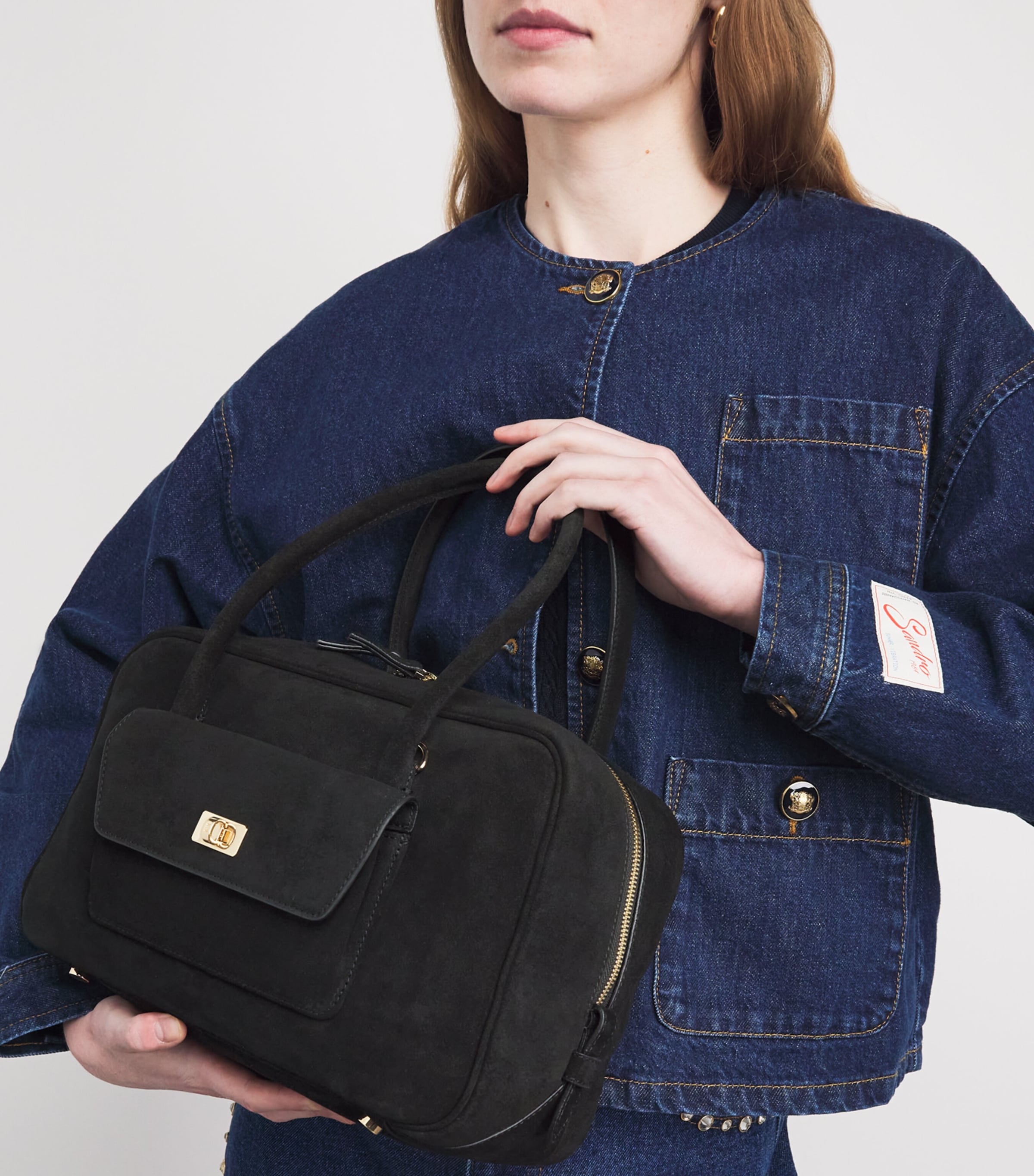 Sandro Paris Suede Top-Handle Bag Black Image 2