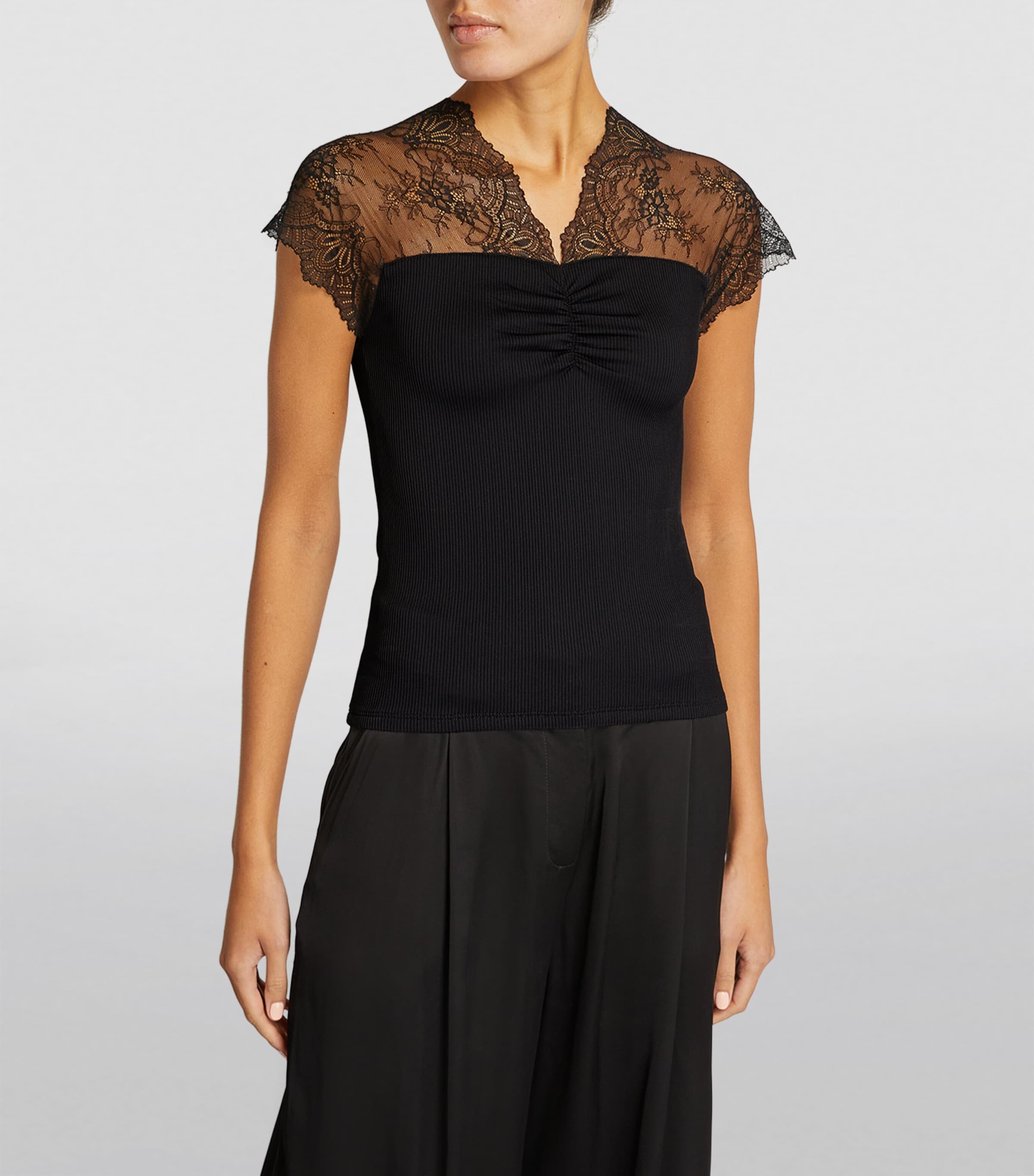 Maje Womens Lace-Trim T-Shirt Black Image 3