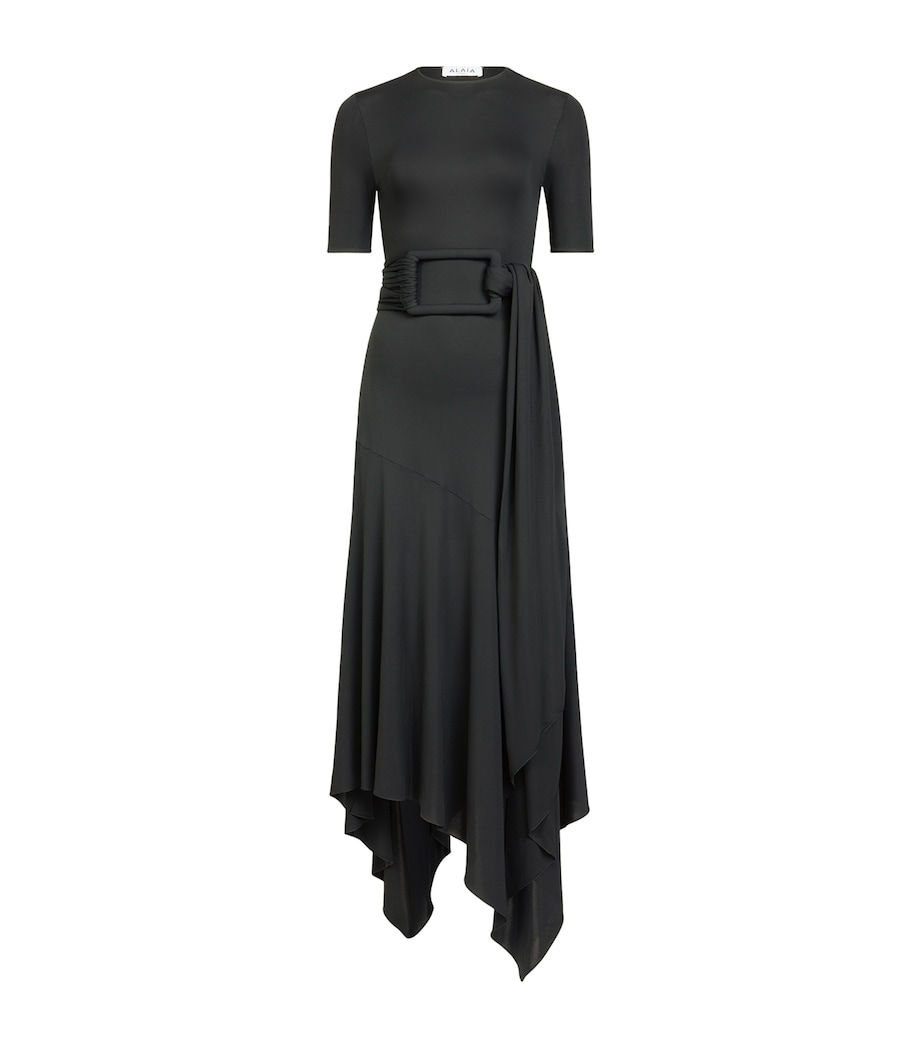 Alaïa Womens Satin Belted Midi Dress Black Image 1