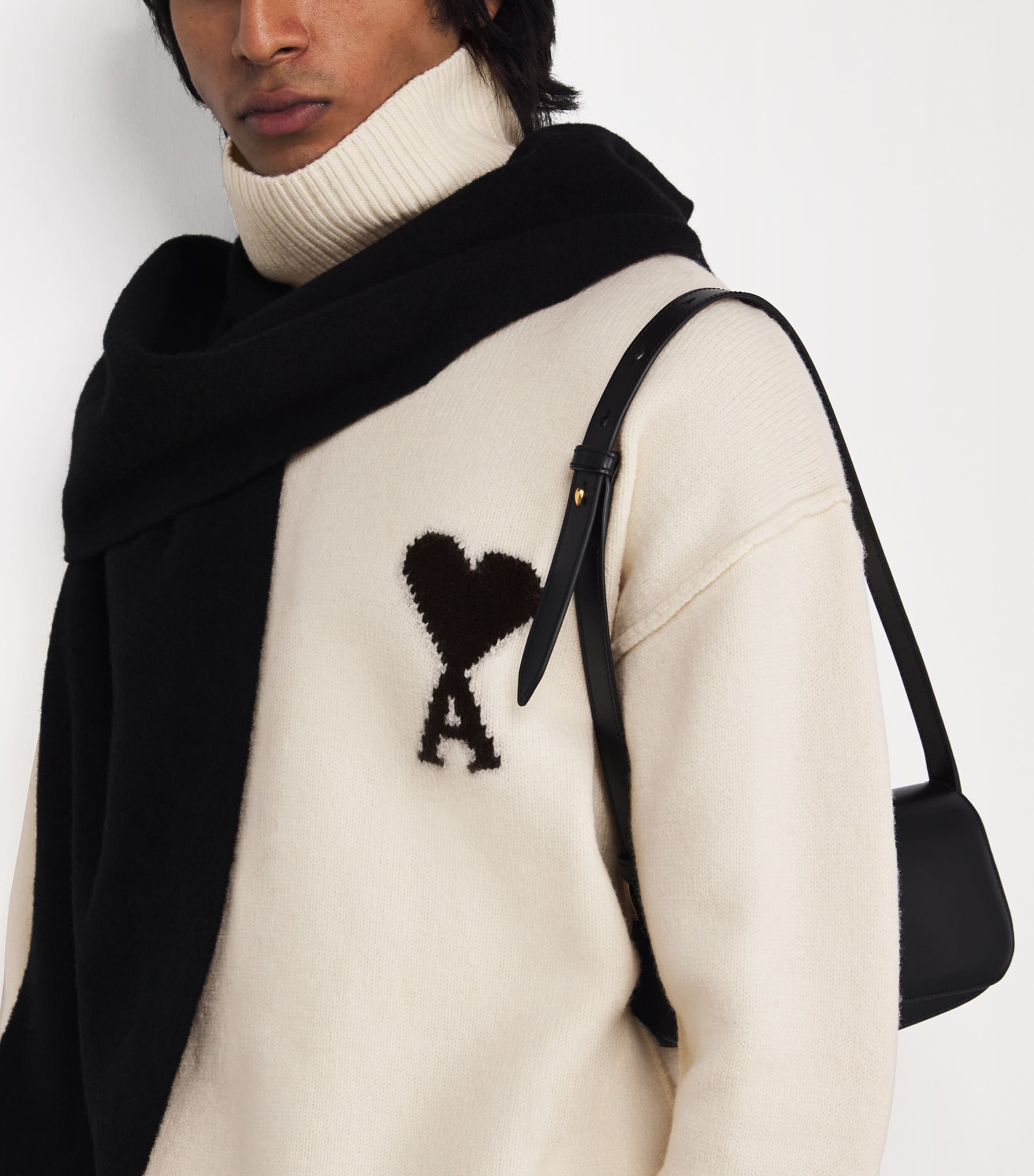 AMI Paris Beige Virgin Wool Ami de Coeur Funnel-Neck Sweater
