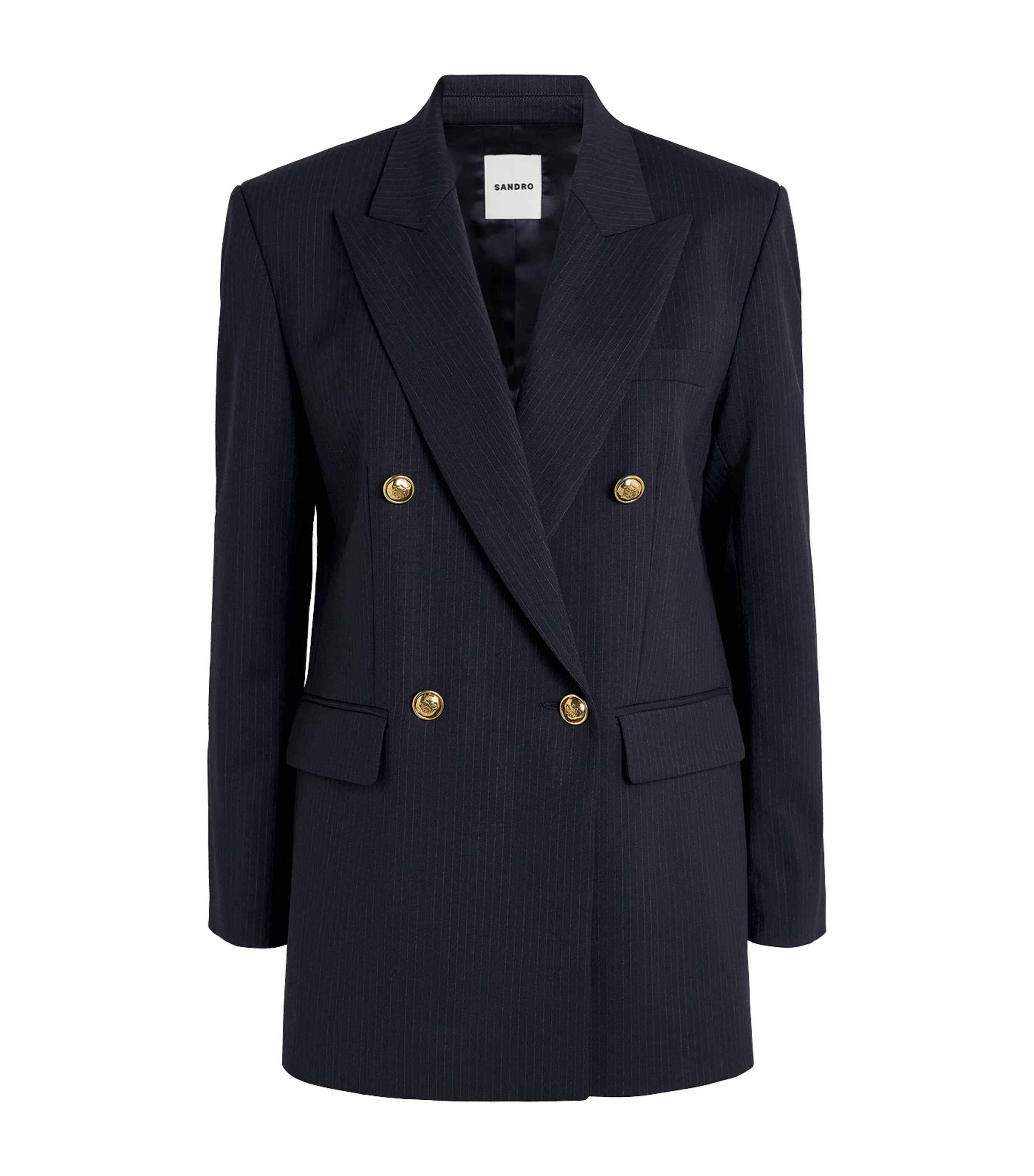Sandro Womens Navy Blue Pinstripe Long-sleeve Wool-blend Blazer In Blue