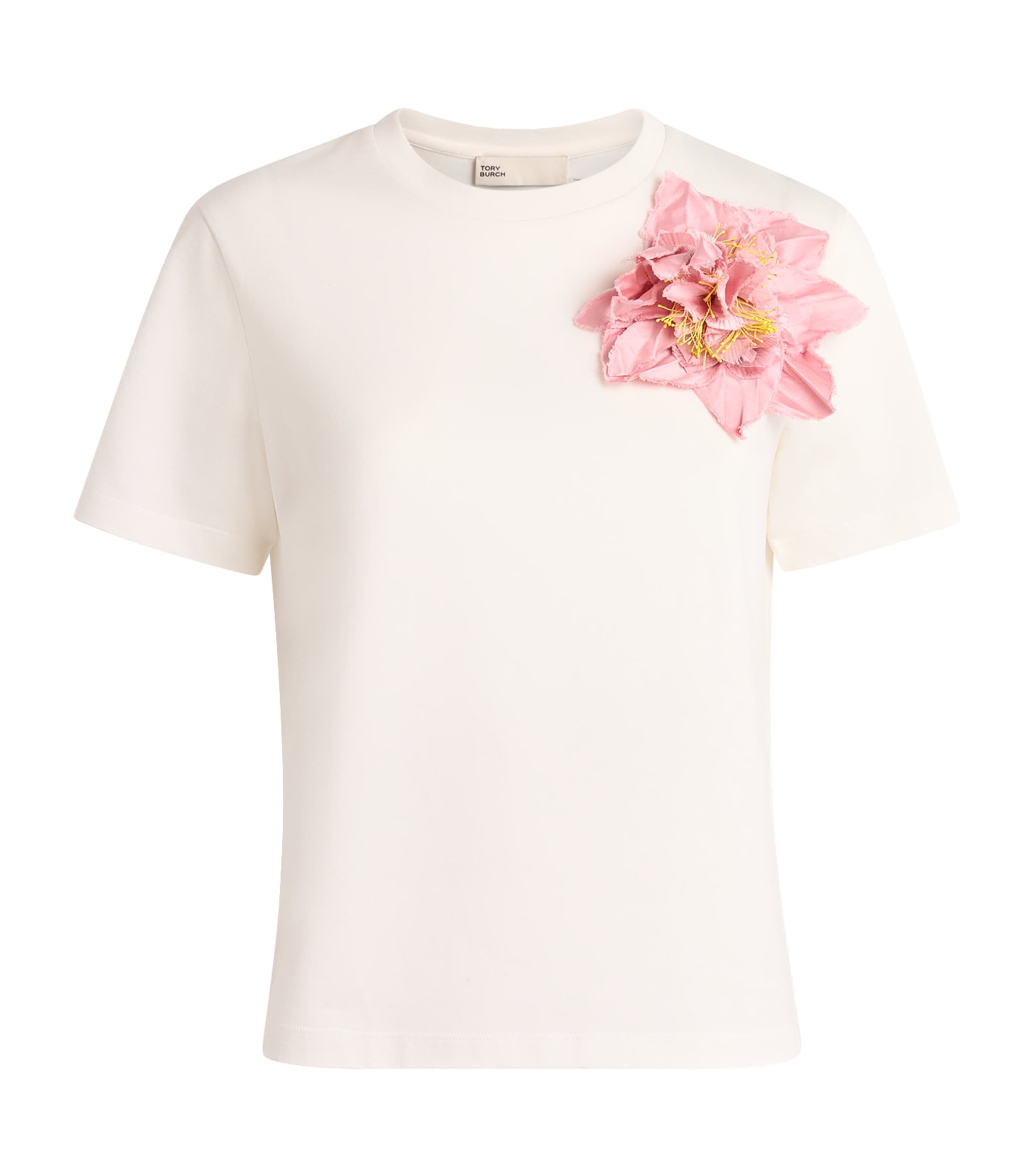 Tory Burch Womens Cotton Floral Appliqué T-Shirt Snw Wht/lght Pik Image 1